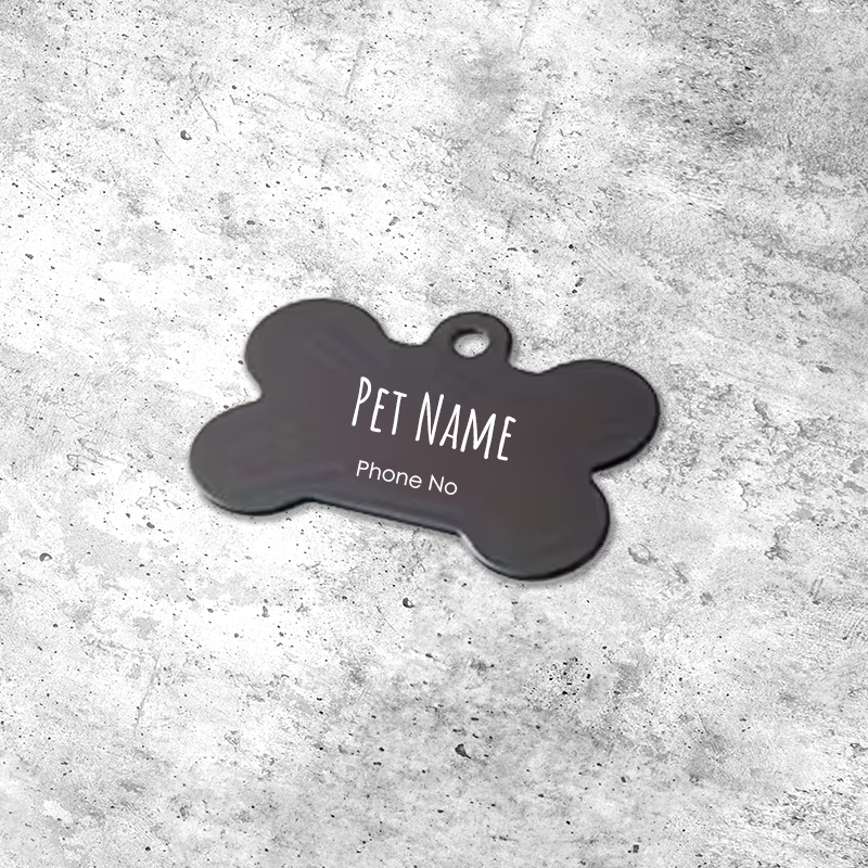 Black Bone Dog Collar Tag - Personalisable with Name and Phone Number (38mm by 25mm)