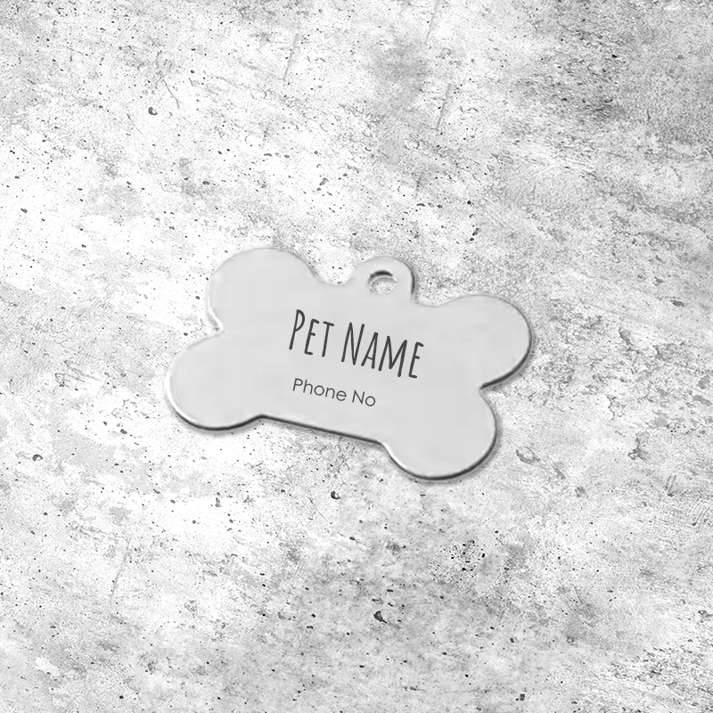 Silvery Bone Dog Collar Tag - Personalisable with Name and Phone Number (38mm by 25mm)