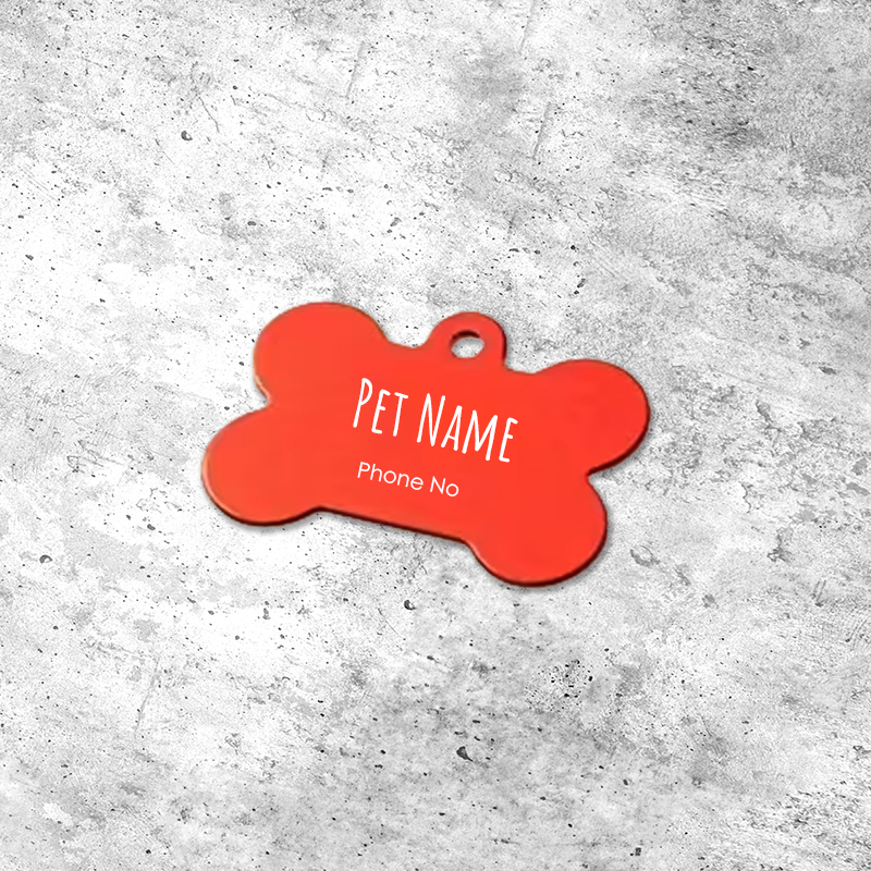 Red Bone Dog Collar Tag - Personalisable with Name and Phone Number (50mm by 35mm)