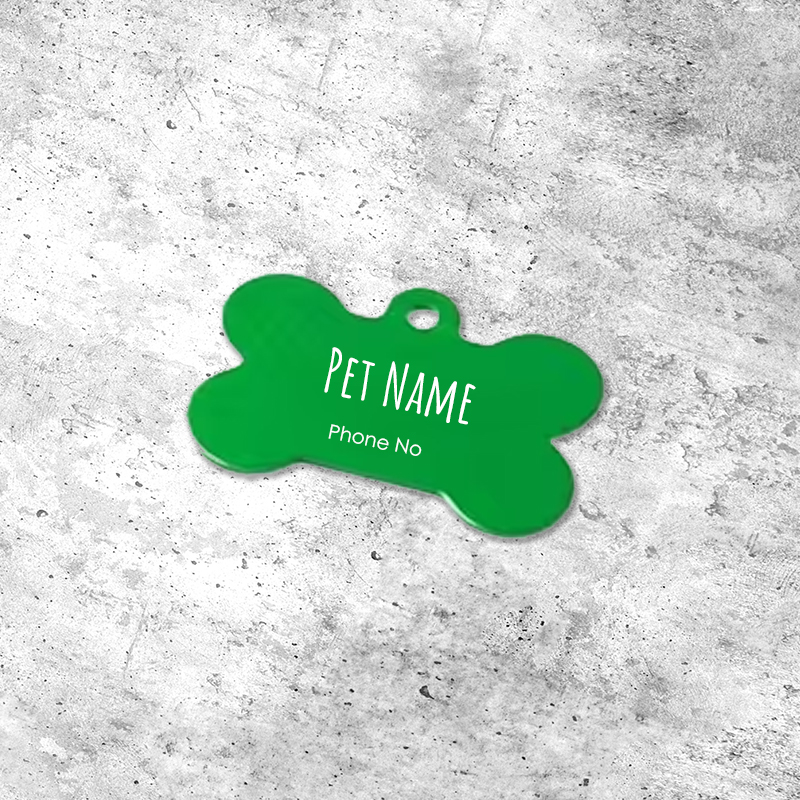Green Bone Dog Collar Tag - Personalisable with Name and Phone Number (38mm by 25mm)