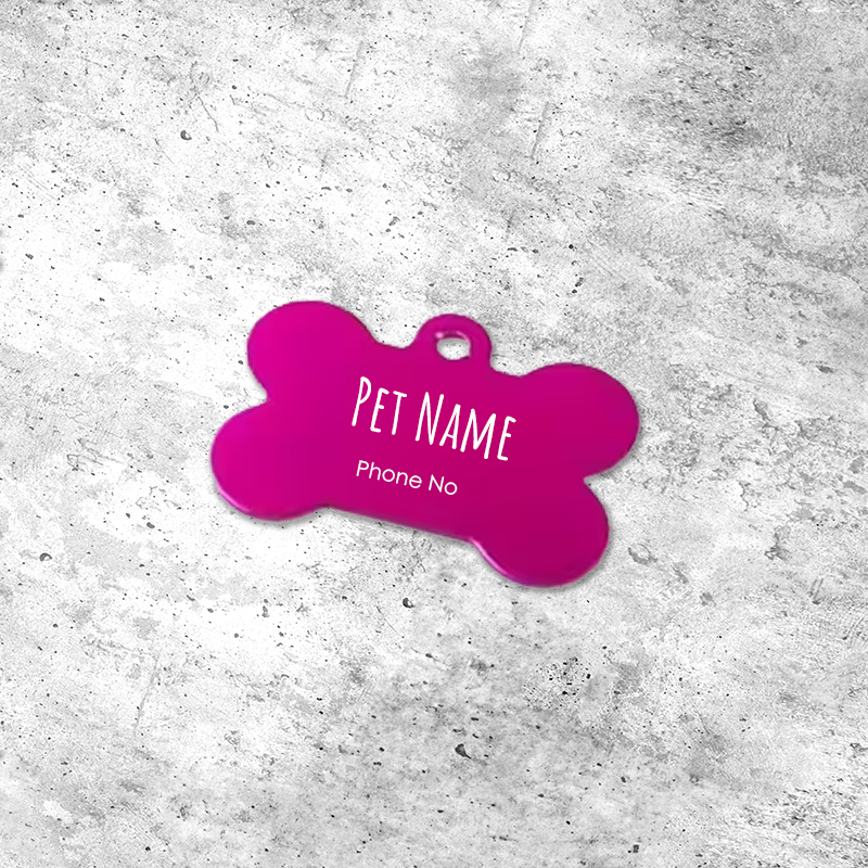 Fuchsia Bone Dog Collar Tag - Personalisable with Name and Phone Number (38mm by 25mm)