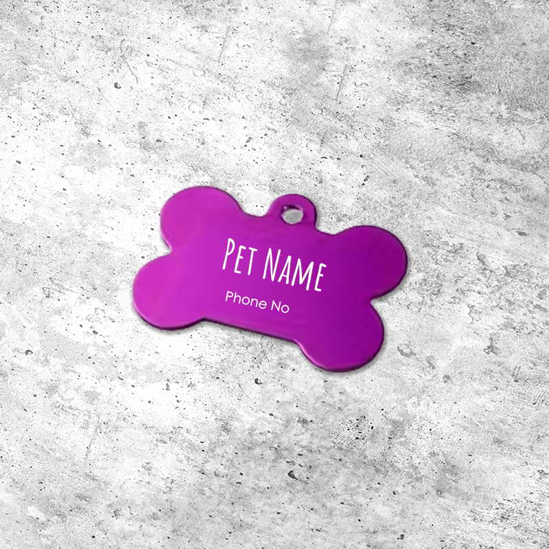 Purple Bone Dog Collar Tag - Personalisable with Name and Phone Number (50mm by 35mm)