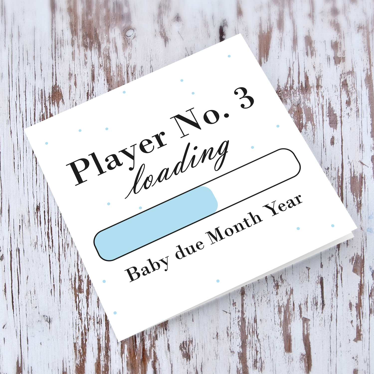 Baby Loading themed (in light blue) baby/pregnancy announcement personalisable card in English