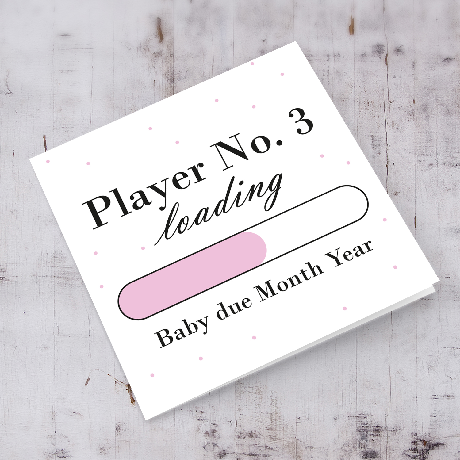 Baby Loading themed (in light pinnk) baby/pregnancy announcement personalisable card in English