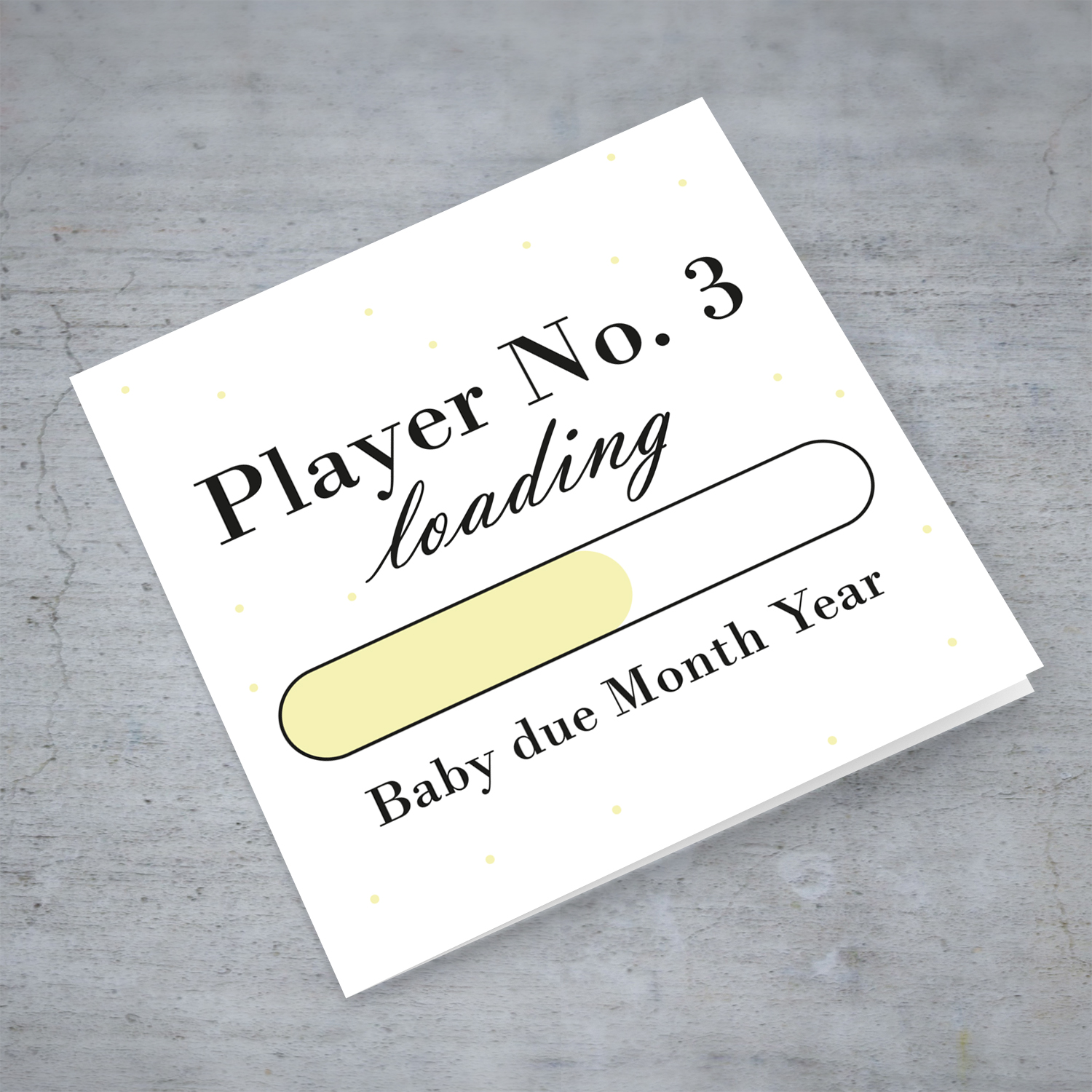 Baby Loading themed (in light yellow) baby/pregnancy announcement personalisable card in English
