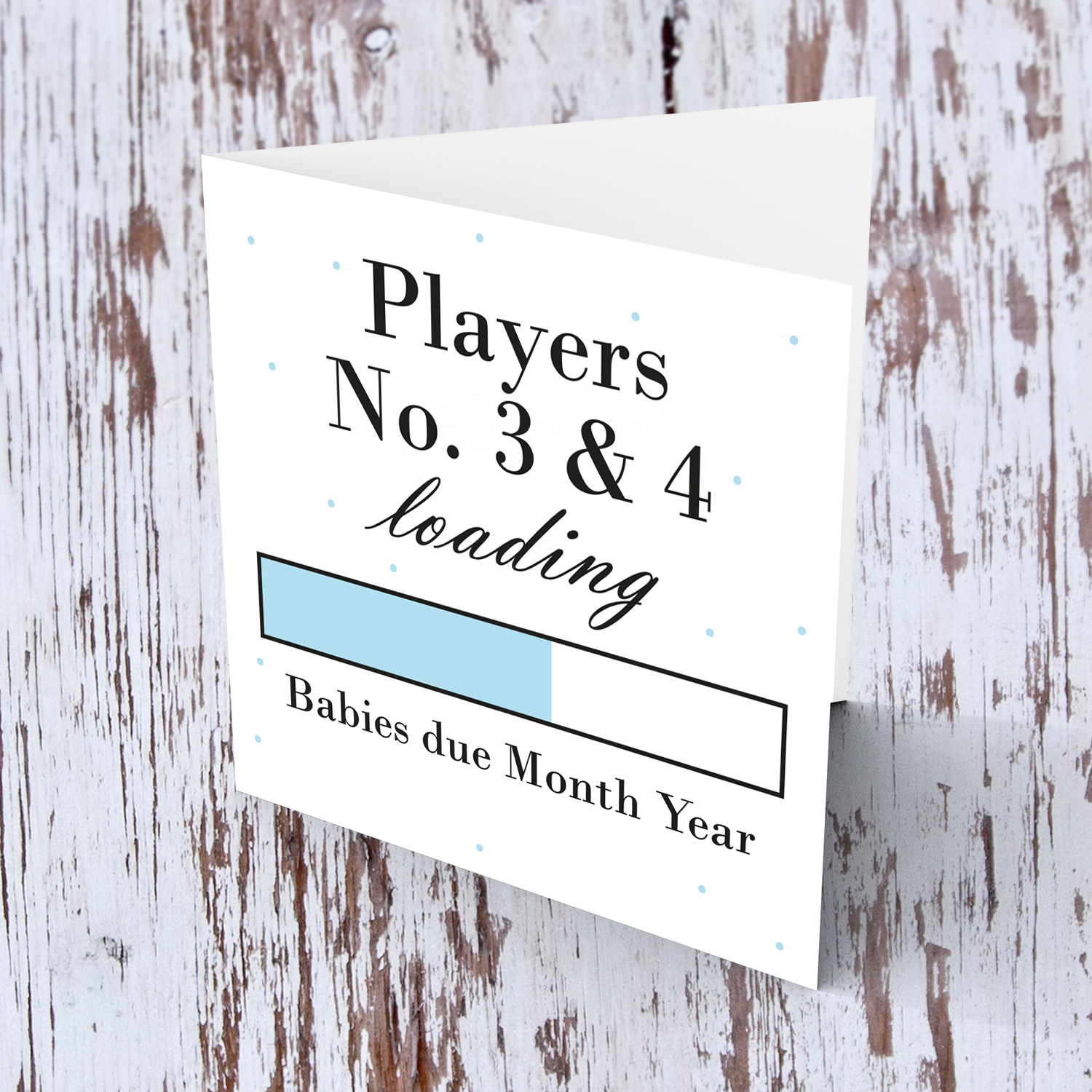 Baby Loading TWINS - Players No3 & 4 themed (in light blue) baby/pregnancy announcement personalisable card in English