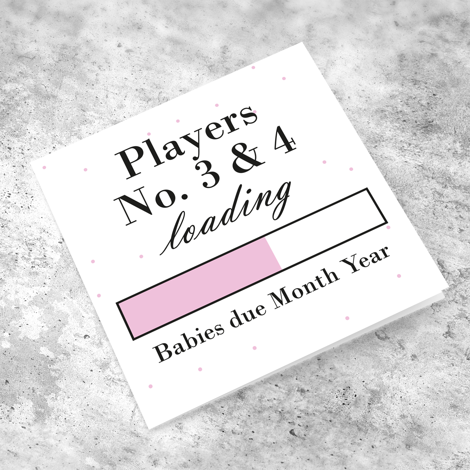 Baby Loading TWINS - Players No3 & 4 themed (in light pink) baby/pregnancy announcement personalisable card in English