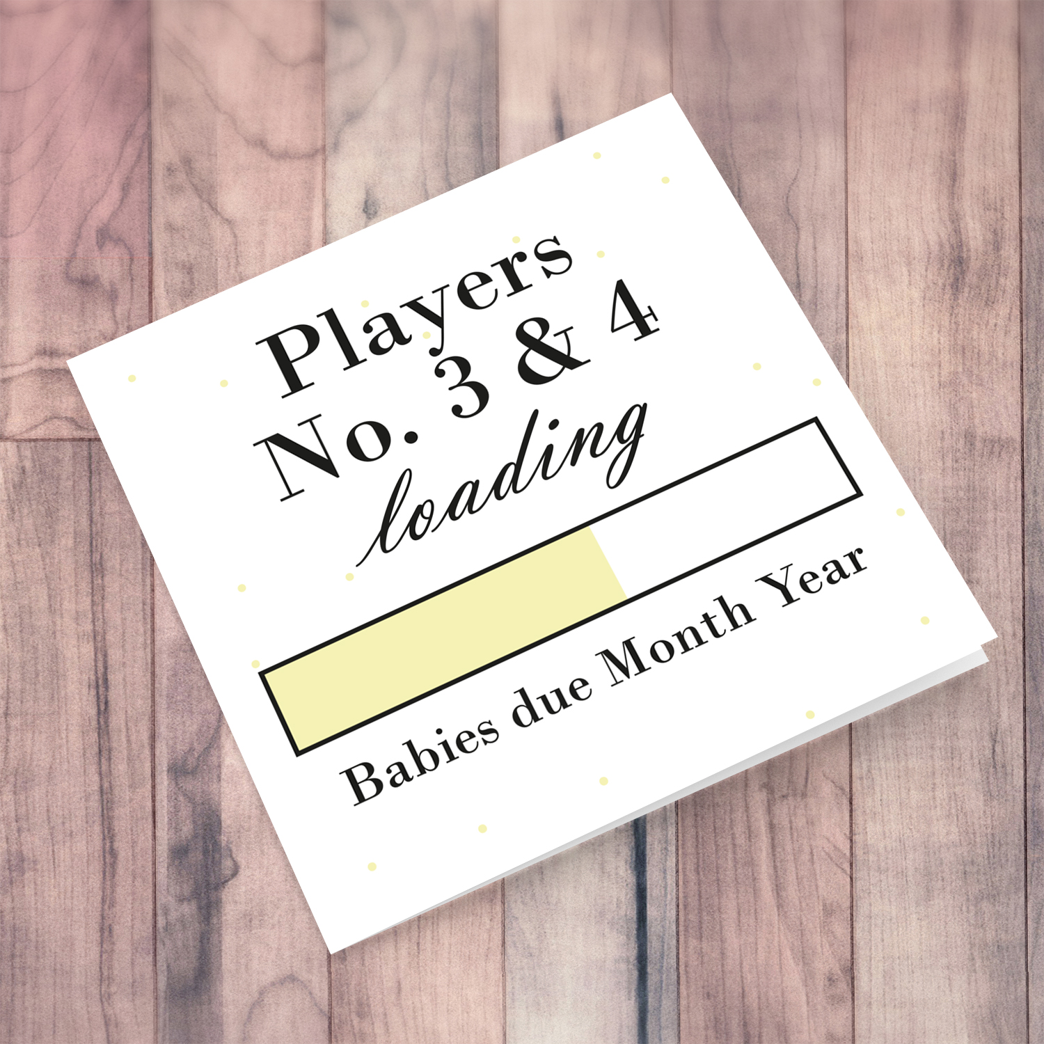 Baby Loading TWINS - Players No3 & 4 themed (in light yellow) baby/pregnancy announcement personalisable card in English