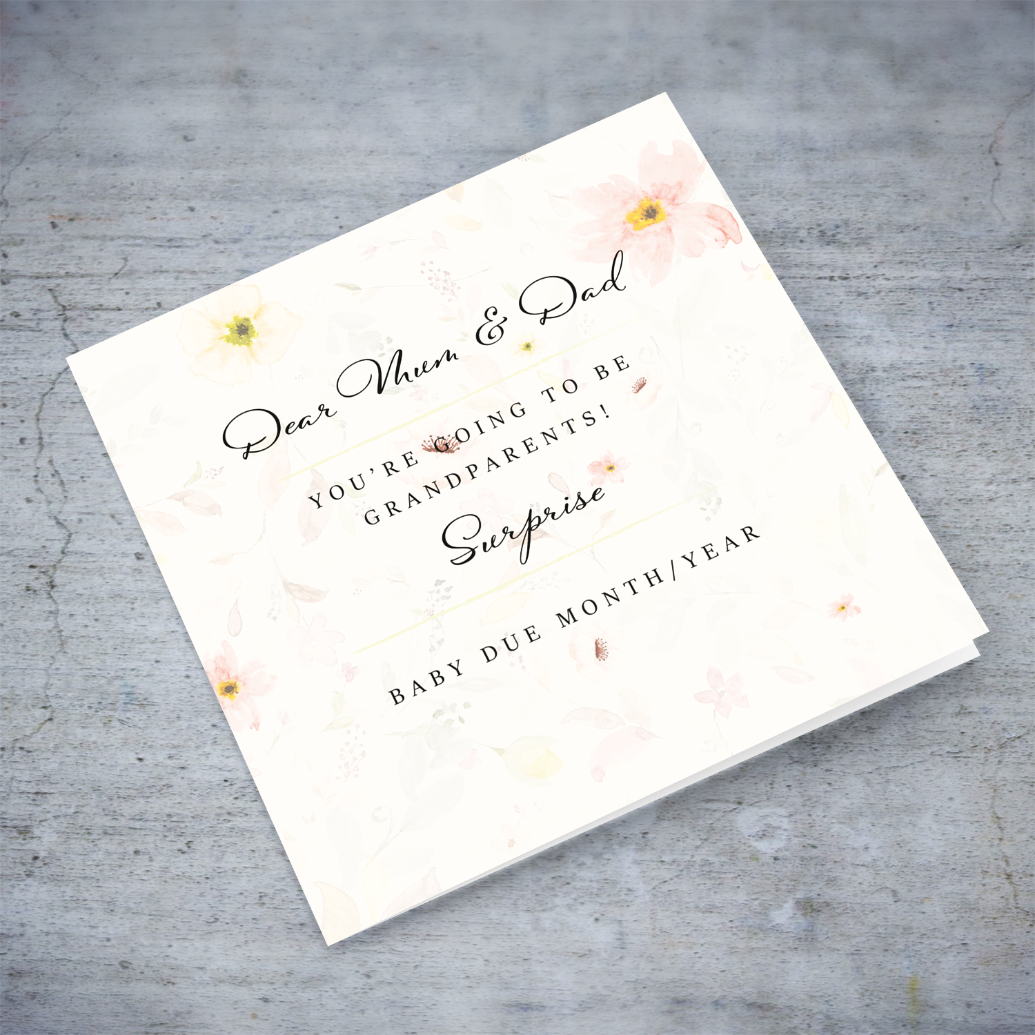 Cute baby announcement card for Mum & Dad - You're going to be grandparents in delicate floral background in English
