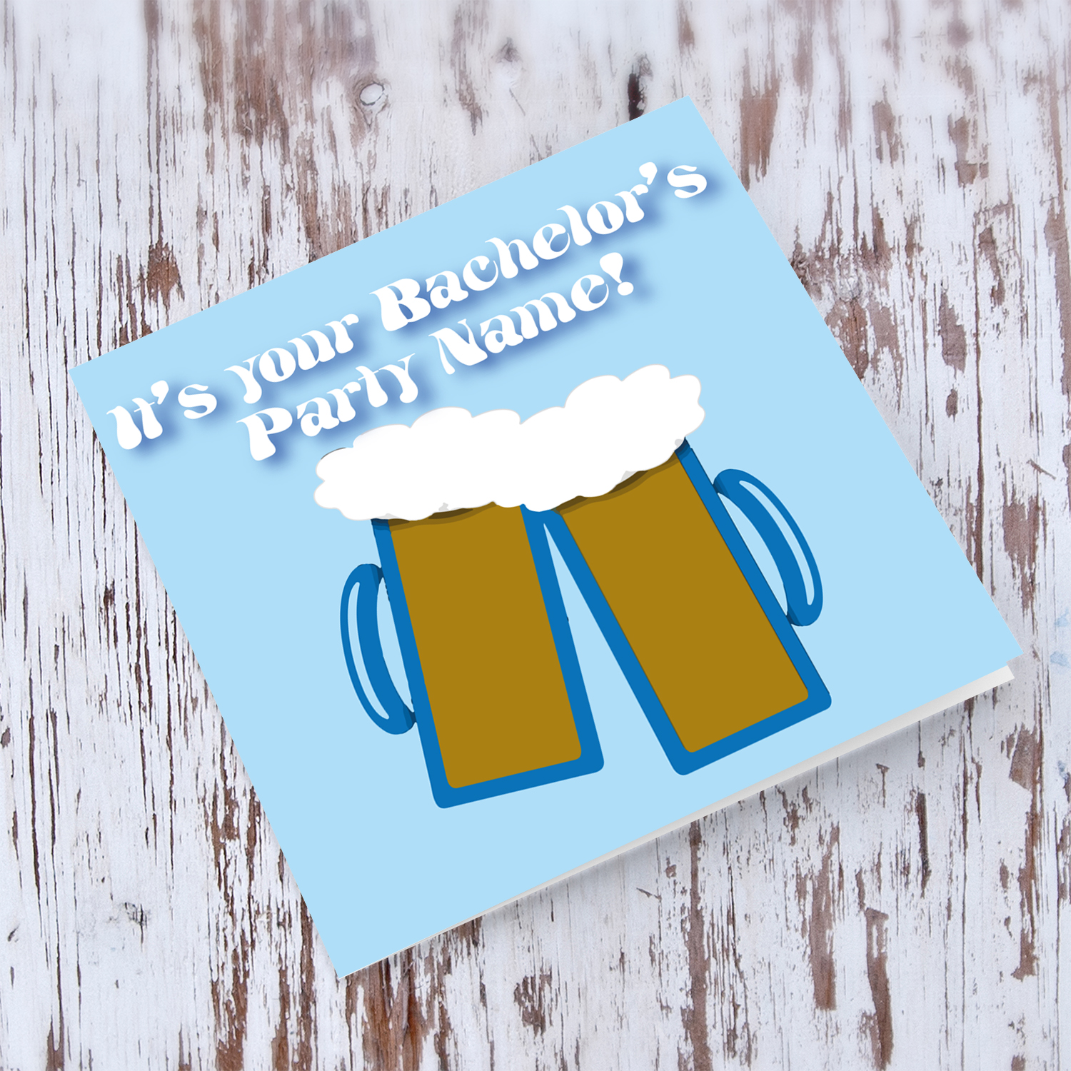 Beer themed personalisable bachelor's party card in English