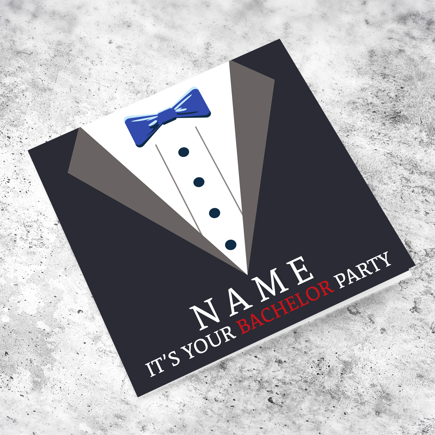Suit themed bachelor party card in English (Personalisable)