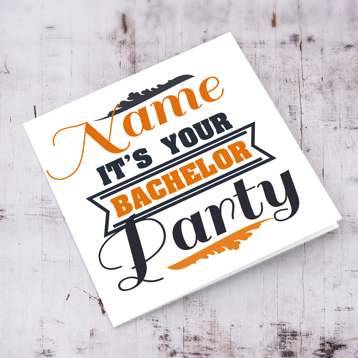 It's your bachelor Party card in dark blue and orange text in English (Personalisable)