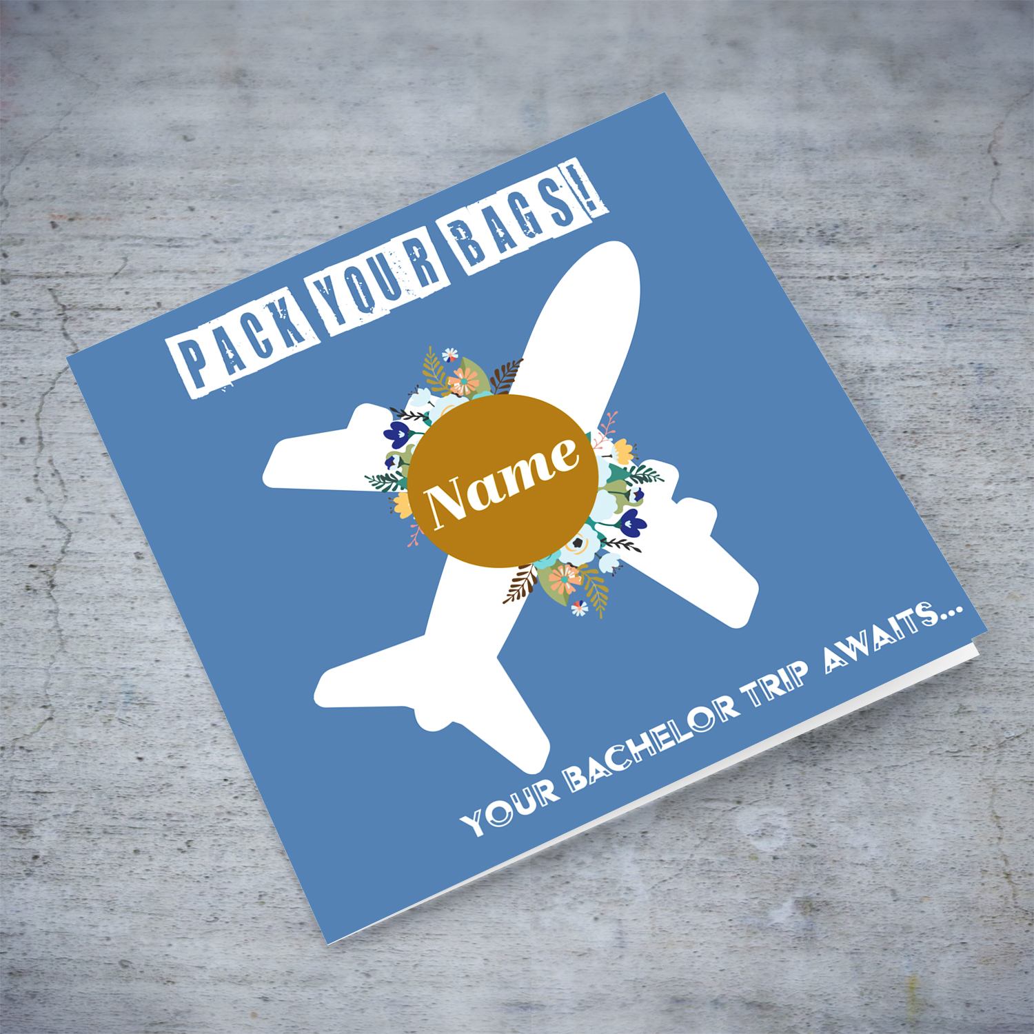 Surprise trip bachelor card in blue background, with a white plane, blue flowers (personalisable) in English