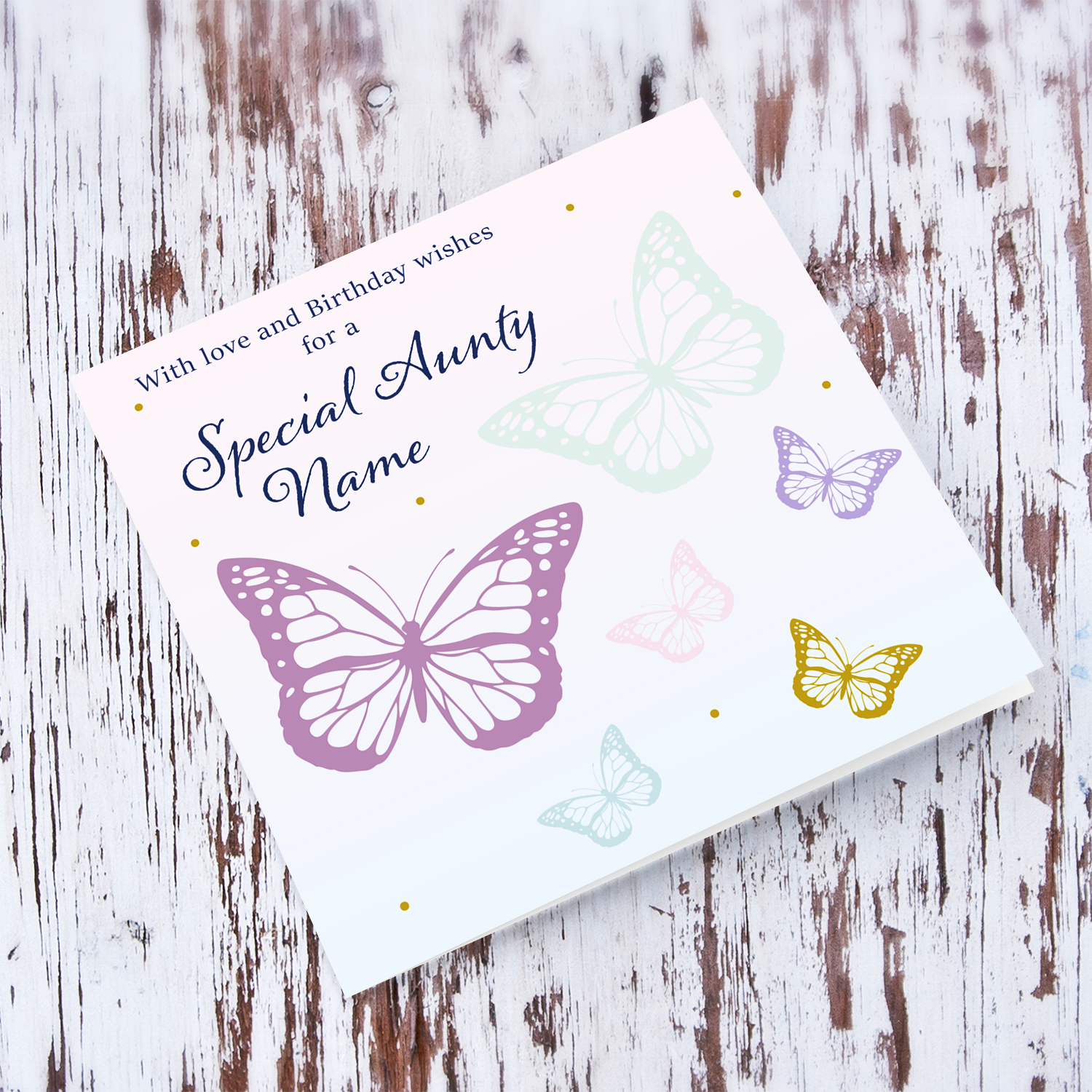 Butterfly themed birthday card for Aunty with a gradient background of pink and blue in English