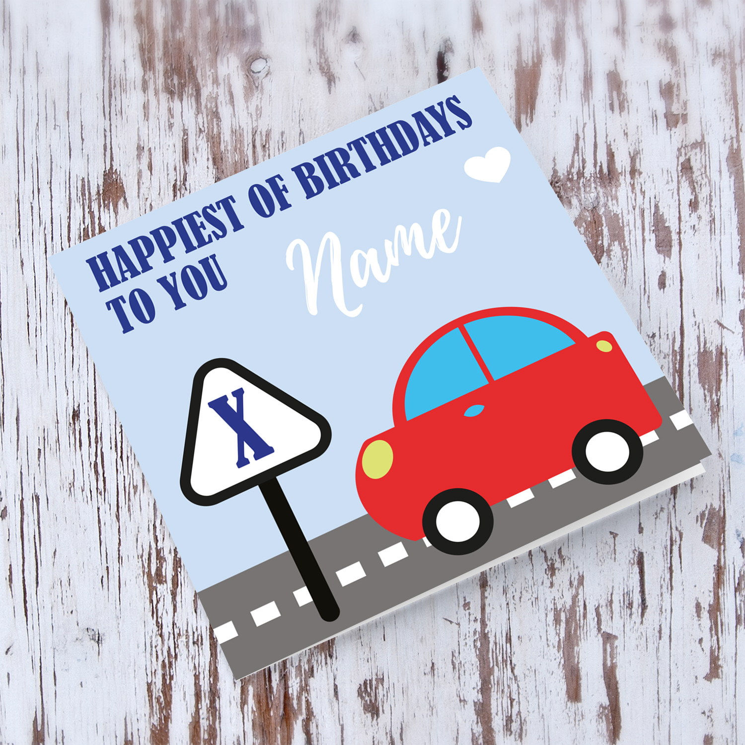 Red car pesonalisable birthday card with age and name for boys in English 