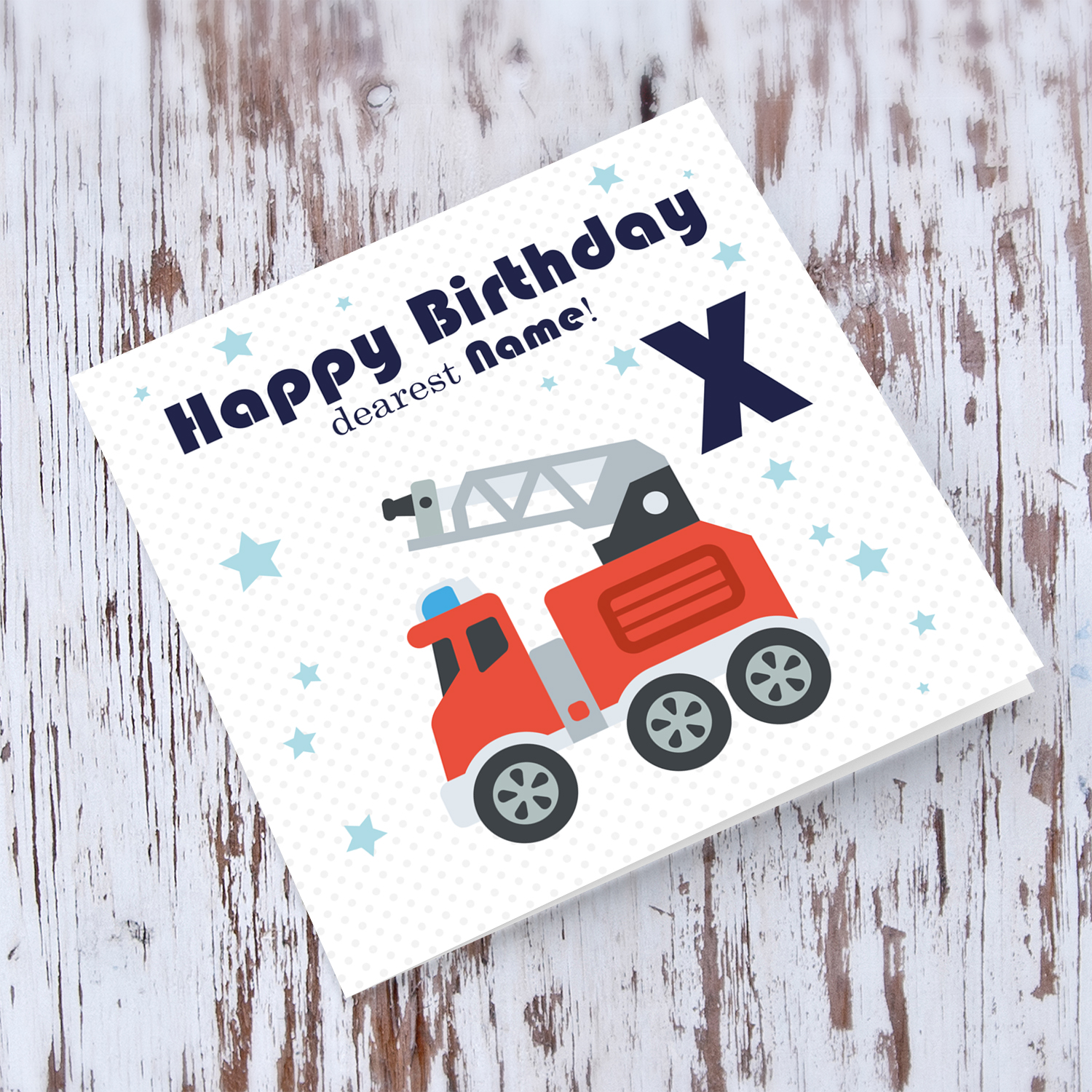 Firetruck personalisable birthday card with name and age in English