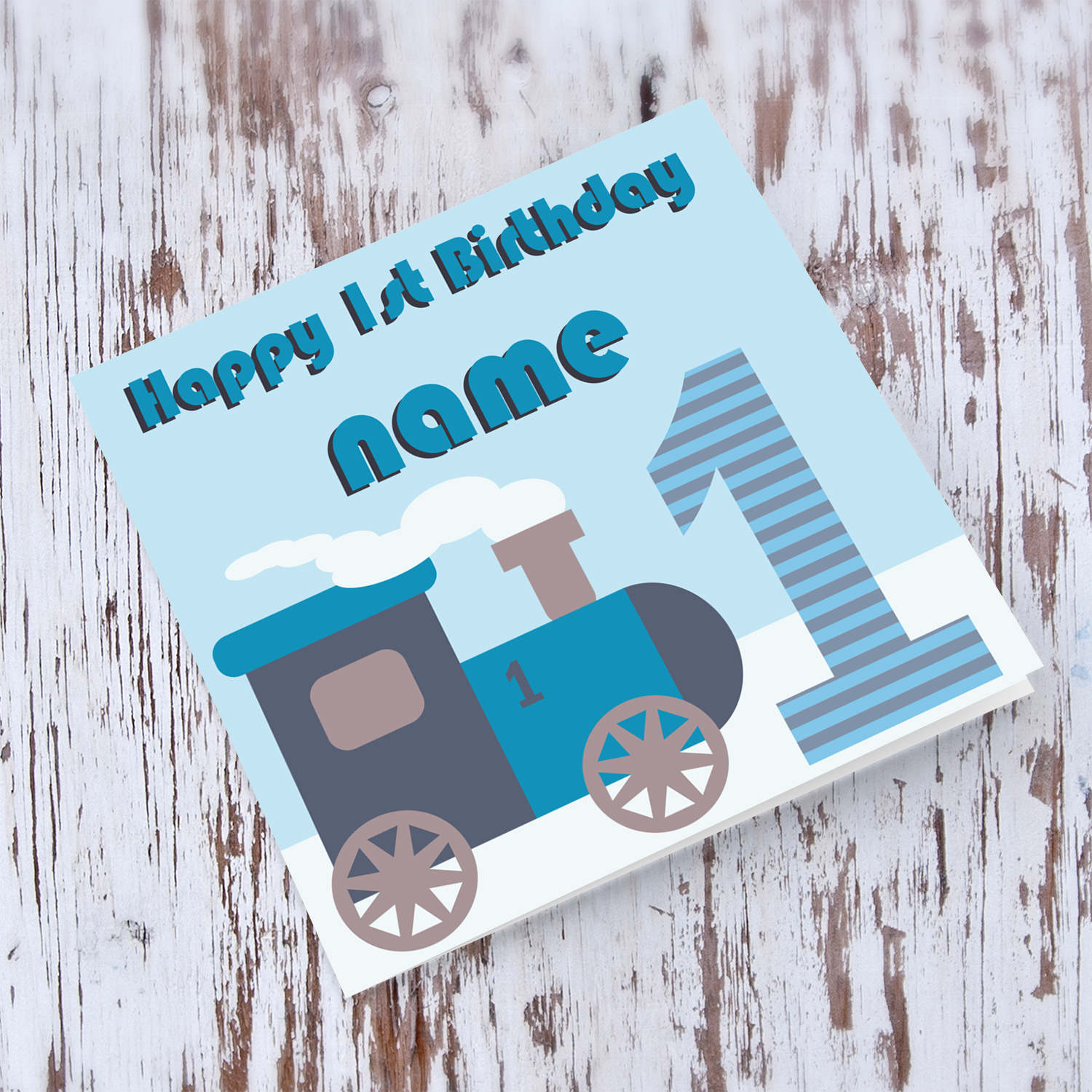 1 Year old personalisable birthday card with train for boys in English