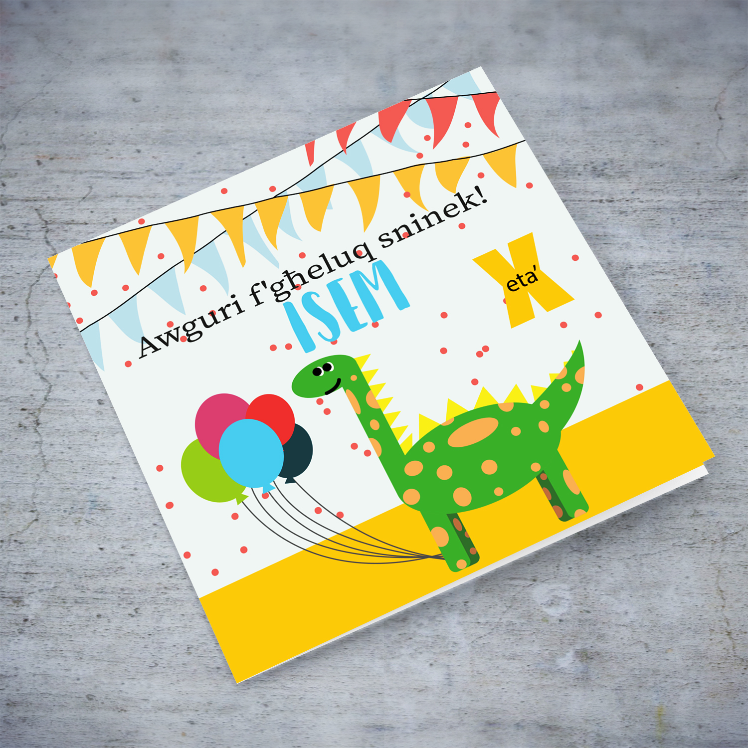 Dino themed birthday card with colourful bunting and balloons in Maltese (Personalisable)