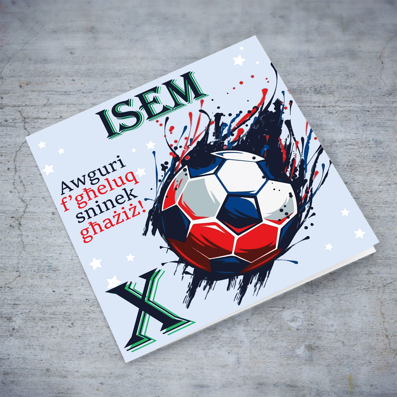 Football themed birthday card with Name and Age in Maltese (Personalisable)