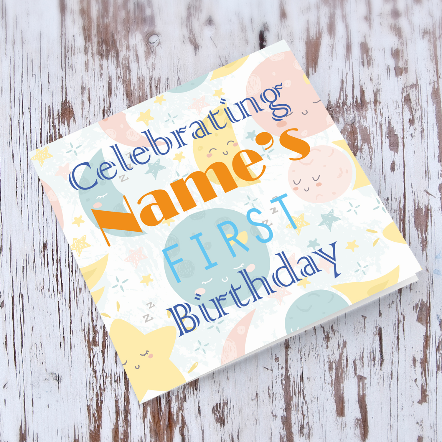 Moon and Stars themed First Birthday Personalisable Card in English