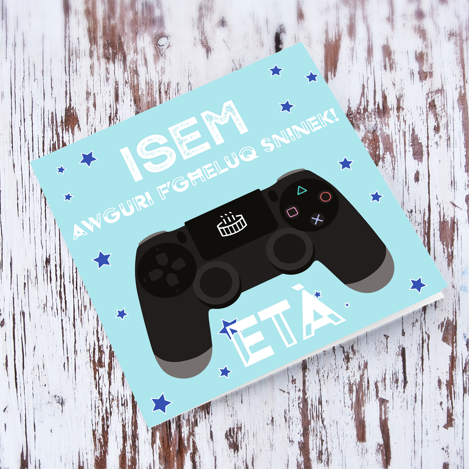 Game controler themed personalisable birthday card with white text in Maltese 
