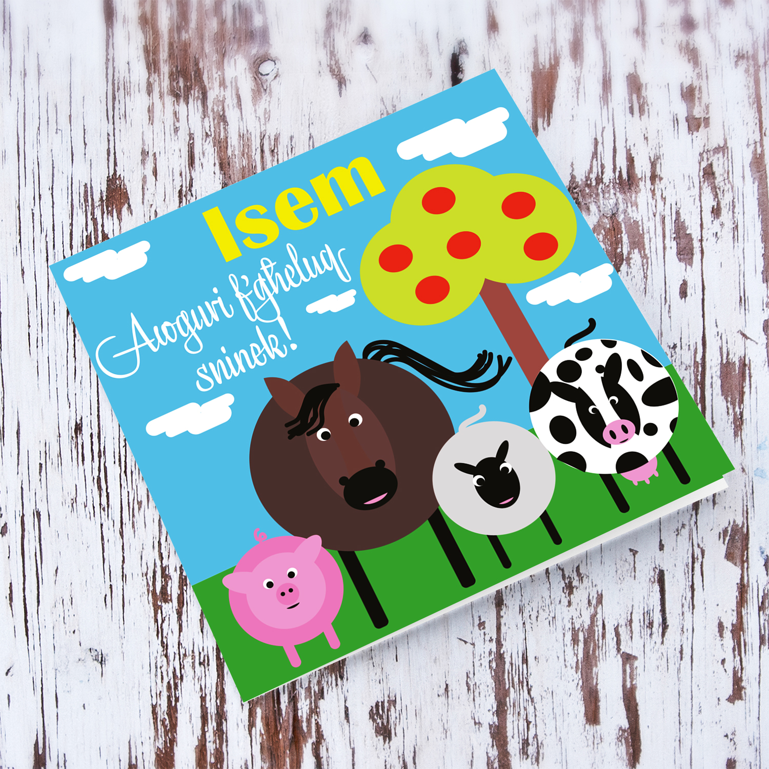 Animal themed (farm animals) birthday card including pig, horse, sheep and cow with apple tree in Maltese (Personalisable)