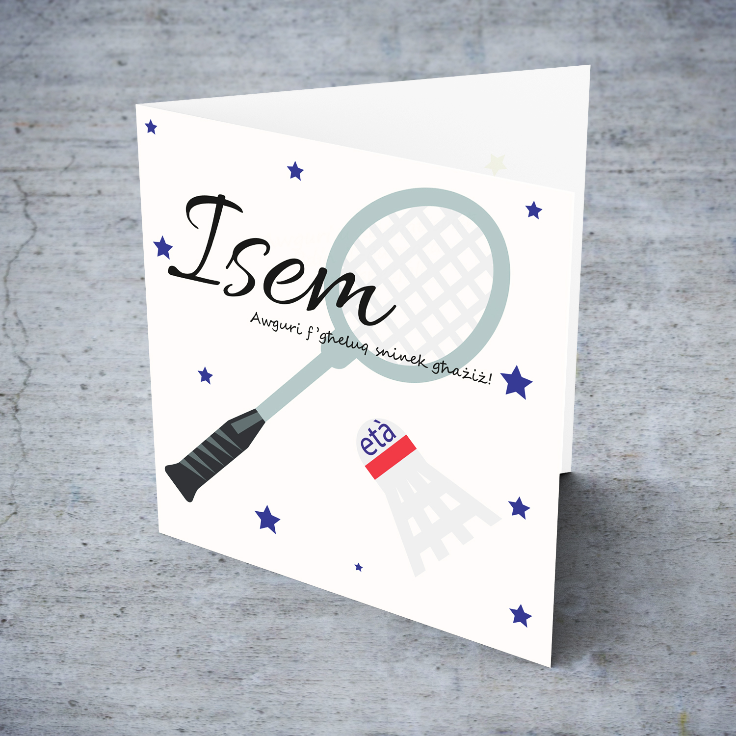 Badminton themed birthday card in Maltese (Male & Personalisable)