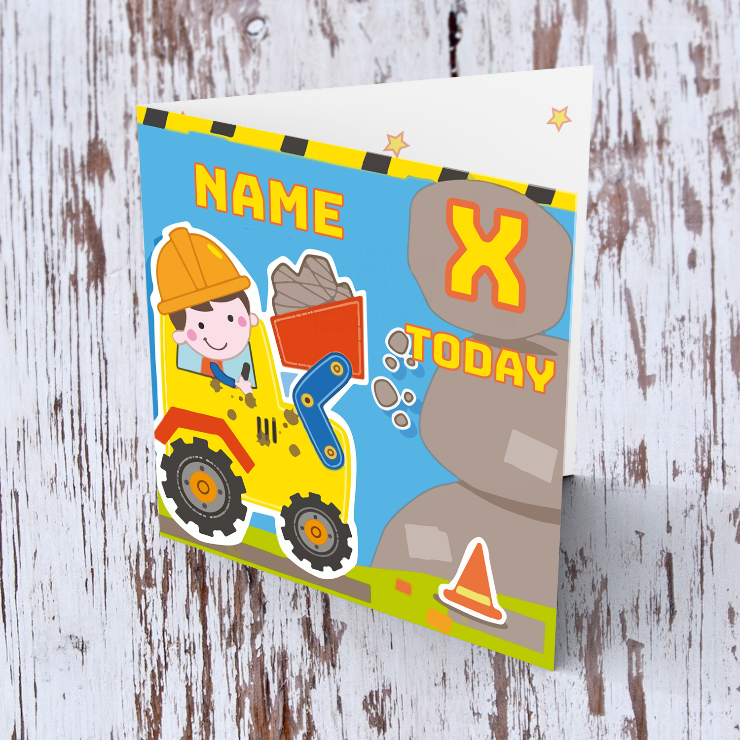 Bulldozer themed personalisable birthday card in English 