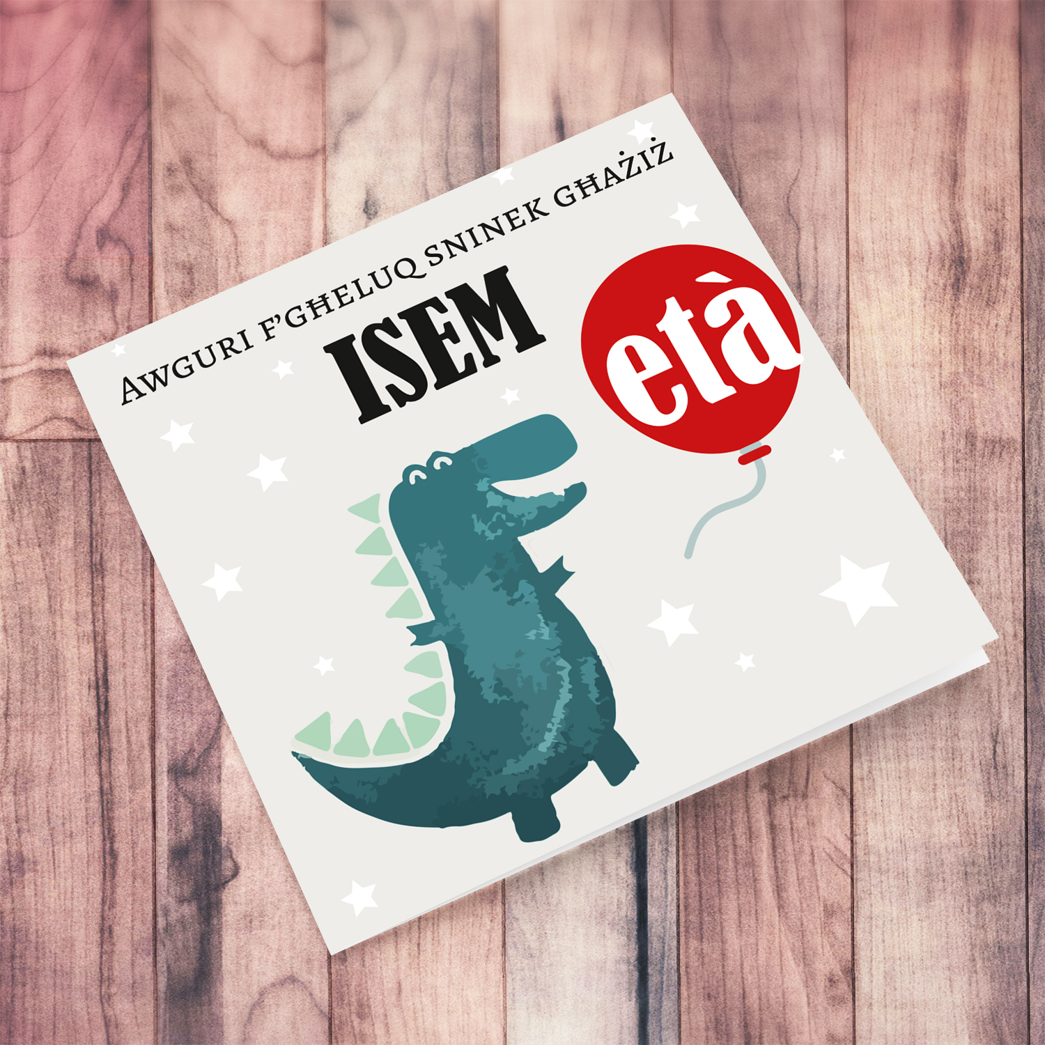 Dinosaur themed birthday card for boy holding red balloon in Maltese (Personalisalbe)
