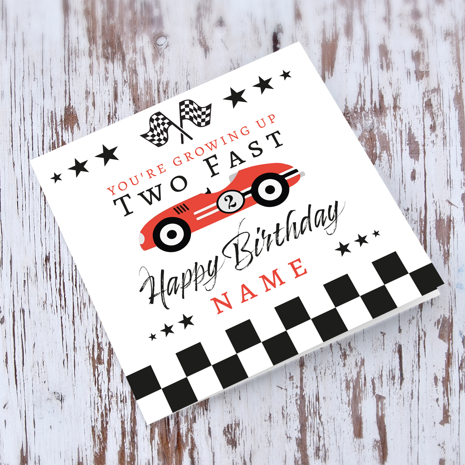 2 year old - Red Race Car themed birthday card in English (Personalisable)