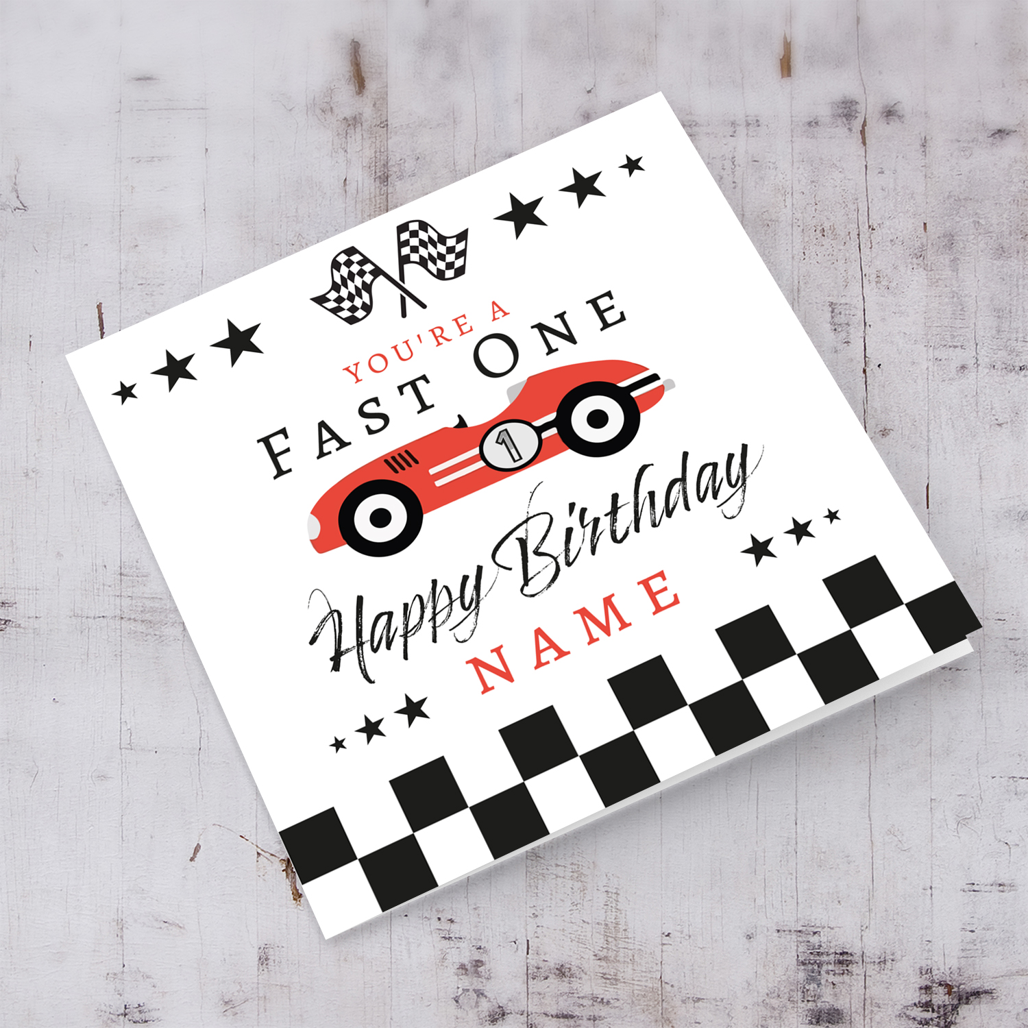 1 year old - Red Race Car themed birthday card in English (Personalisable) 
