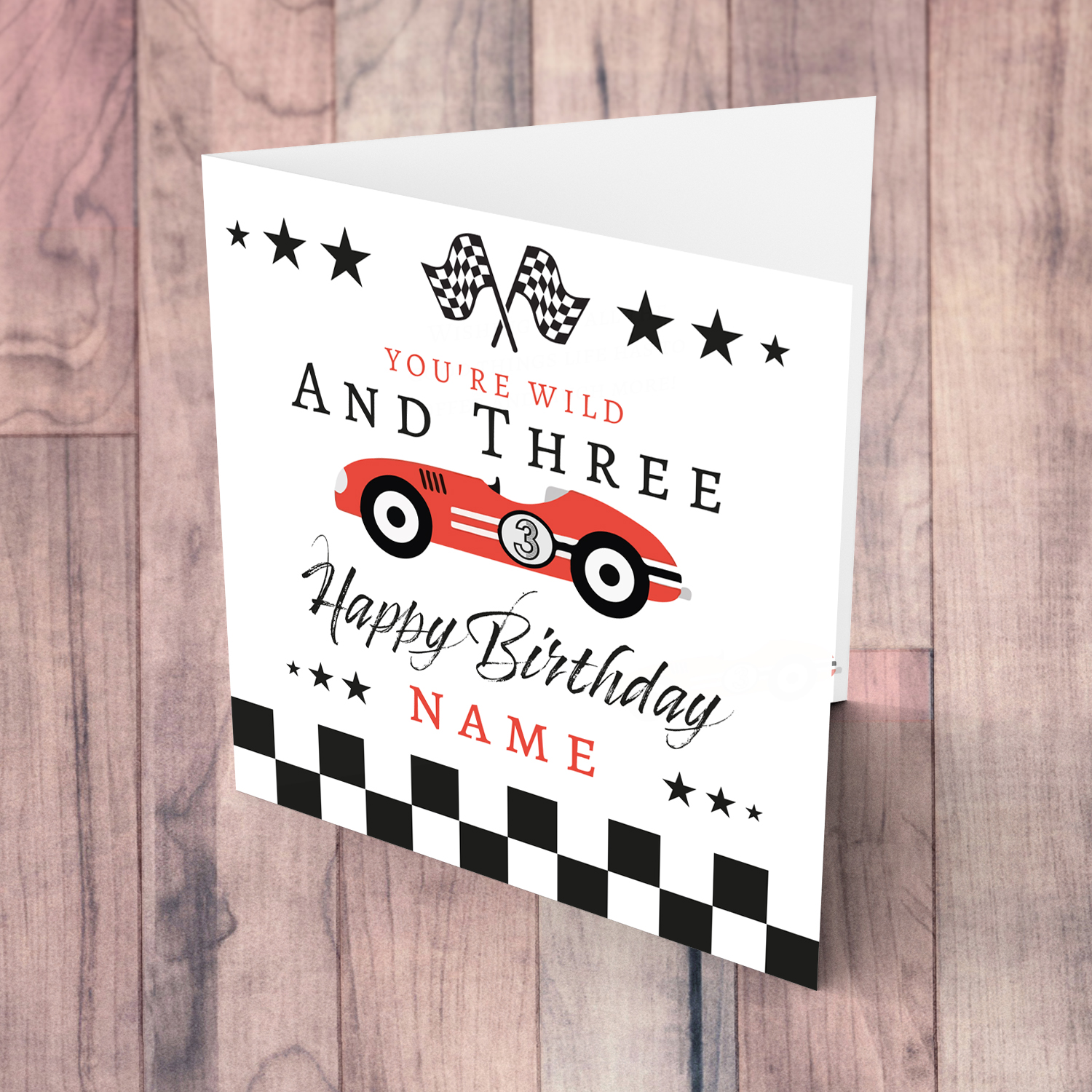 3 year old - Red Race Car themed birthday card in English (Personalisable) 