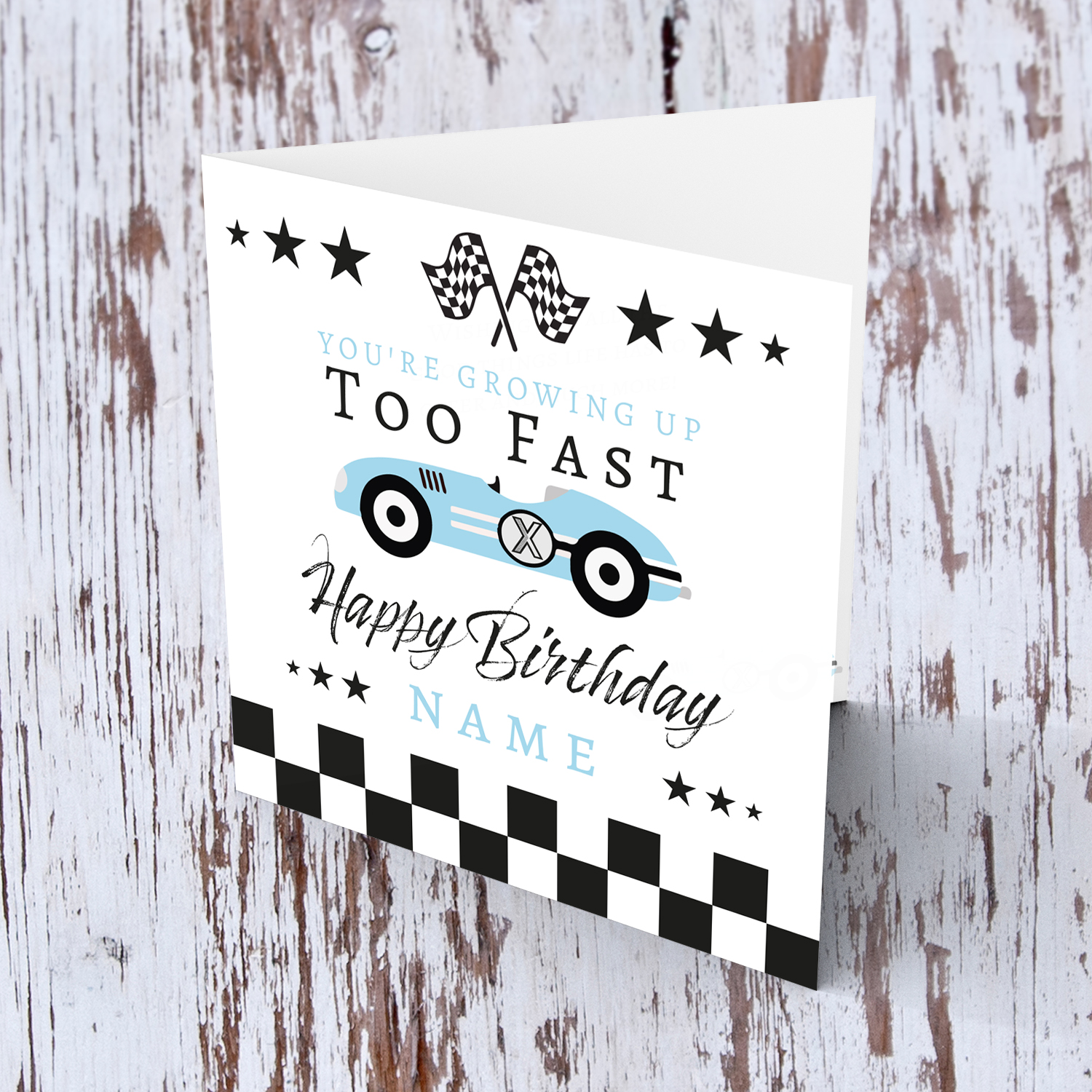 Ble Race car themed birthday card in English with chequered  flags - You're growing up too fast in English (Personalisable)