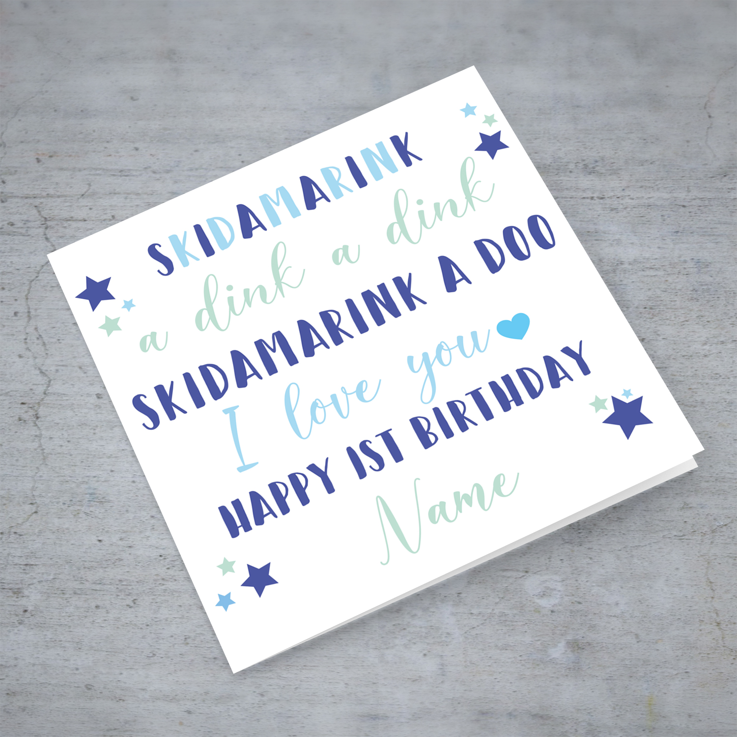 Skidamarink a dink a dink 1st birthday card for boys in English (Personalisable)