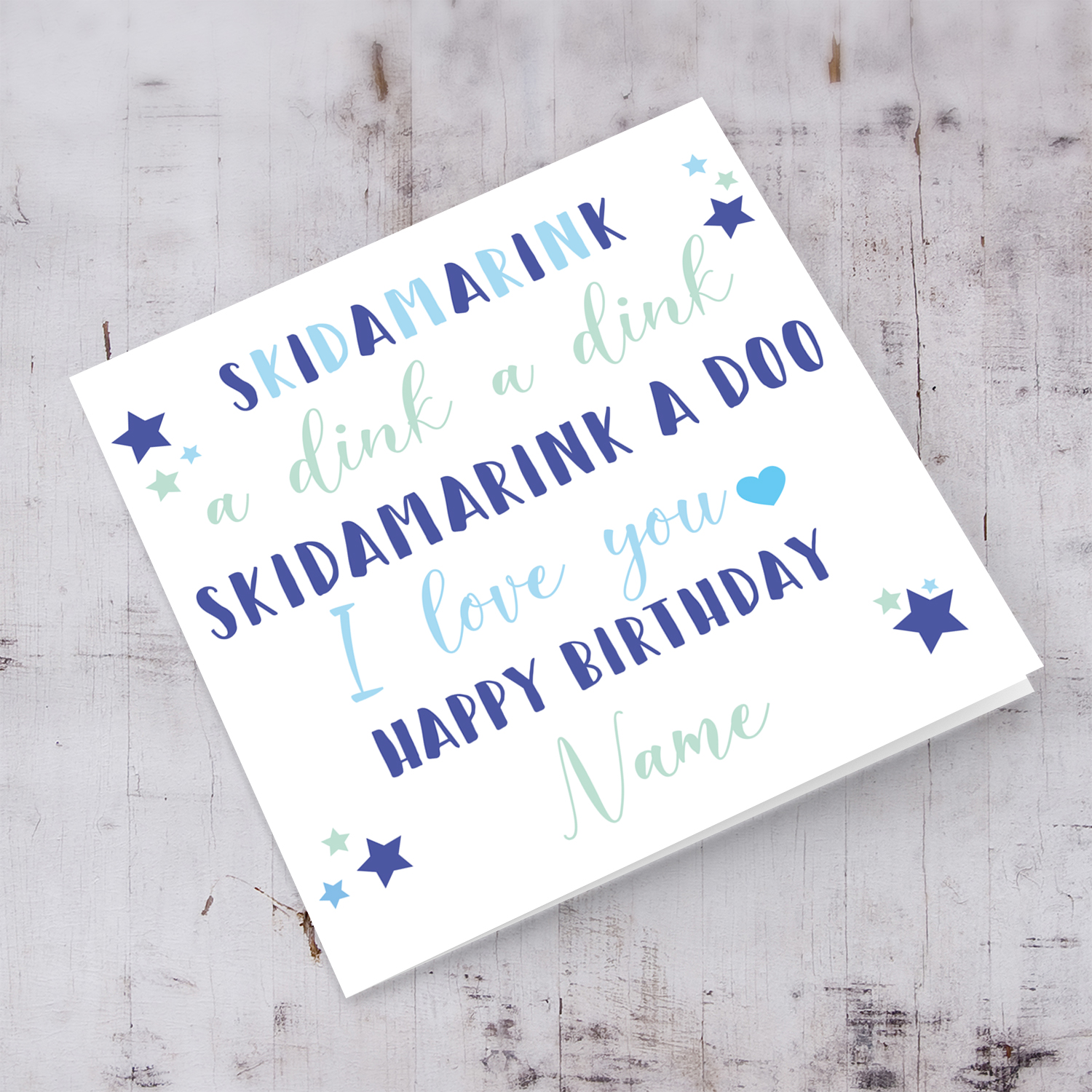 Skidamarink a dink a dink birthday card for boys / males in English (Personalisable)