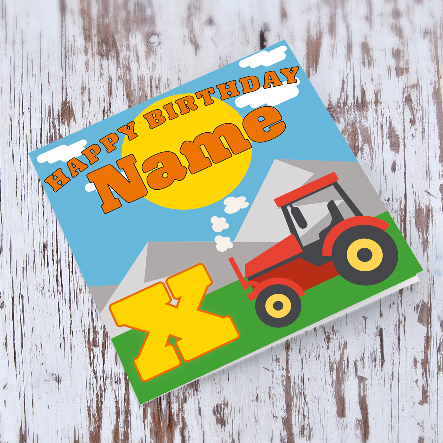 Tractor themed birthday card with mountains and sun in English (Personalisable)