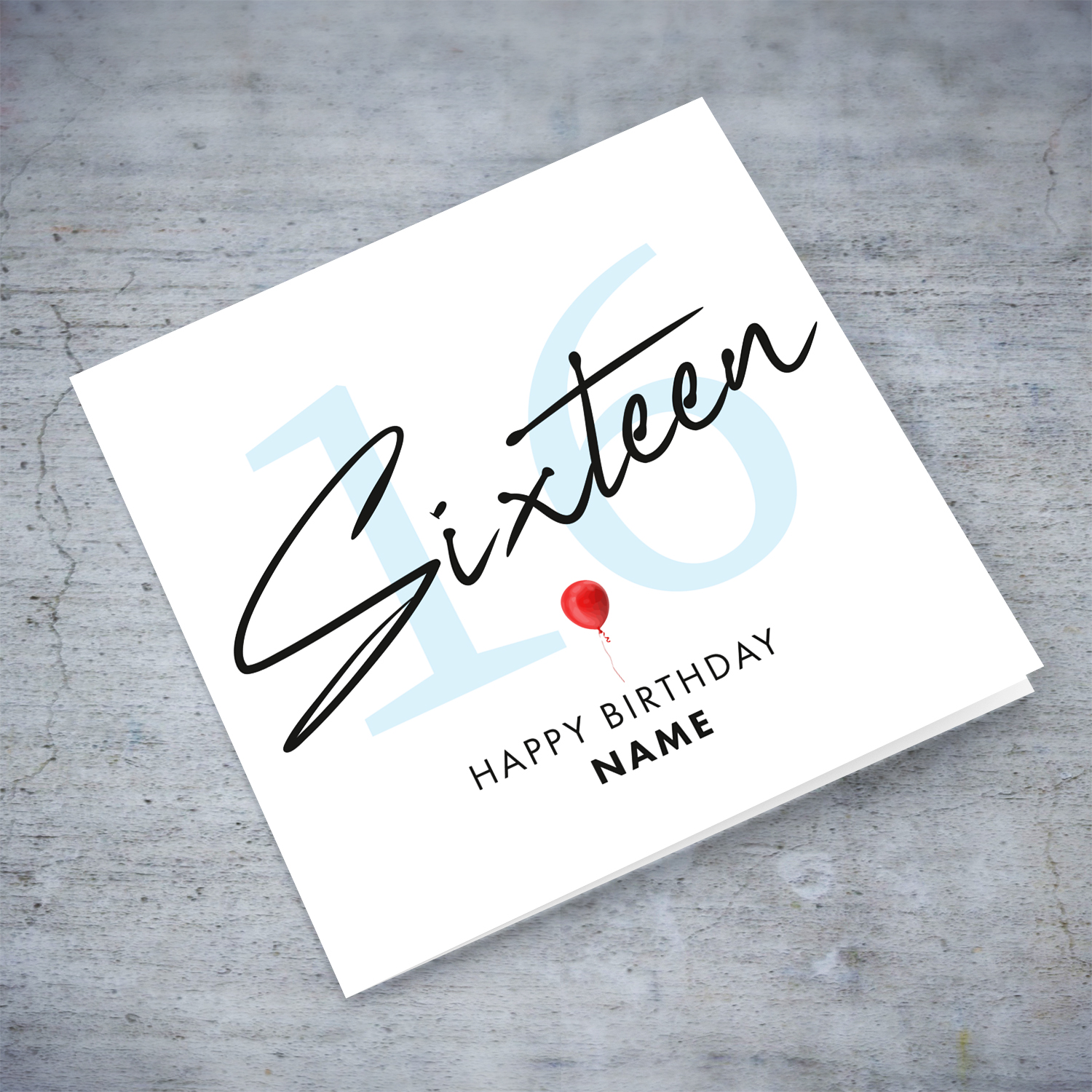 16th personalisable birthday card with red balloon in English