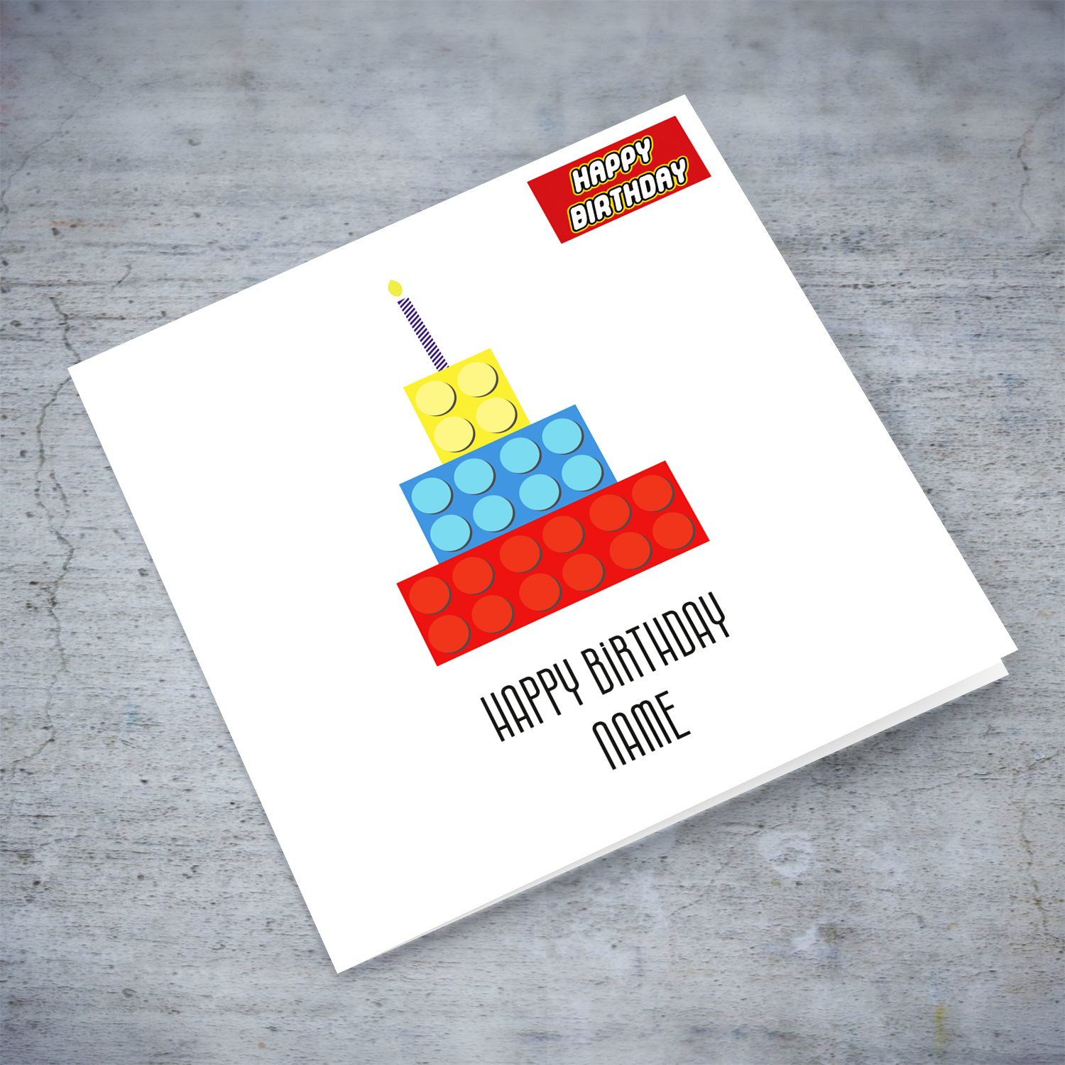 Lego themed three tiered cake card with plain white background in English (Personalisable)