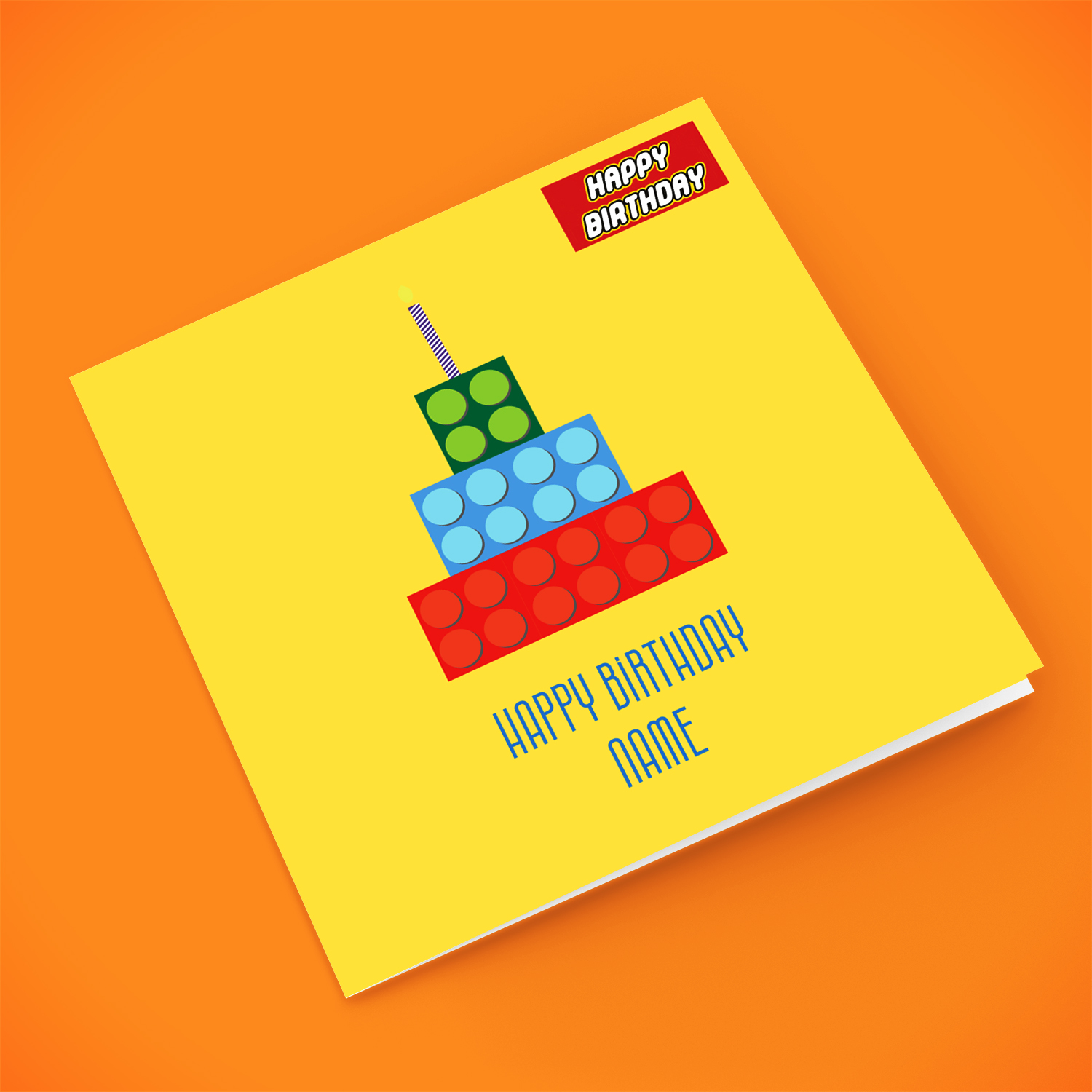 Lego themed three tiered cake card with bright yellow background in English (Personalisable)