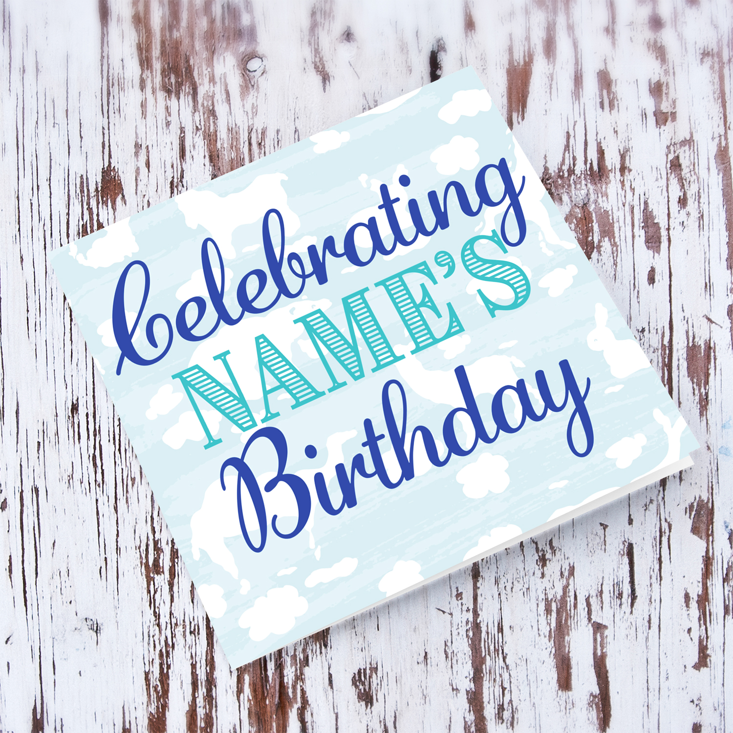 Light blue background with white animal clouds birthday card in English