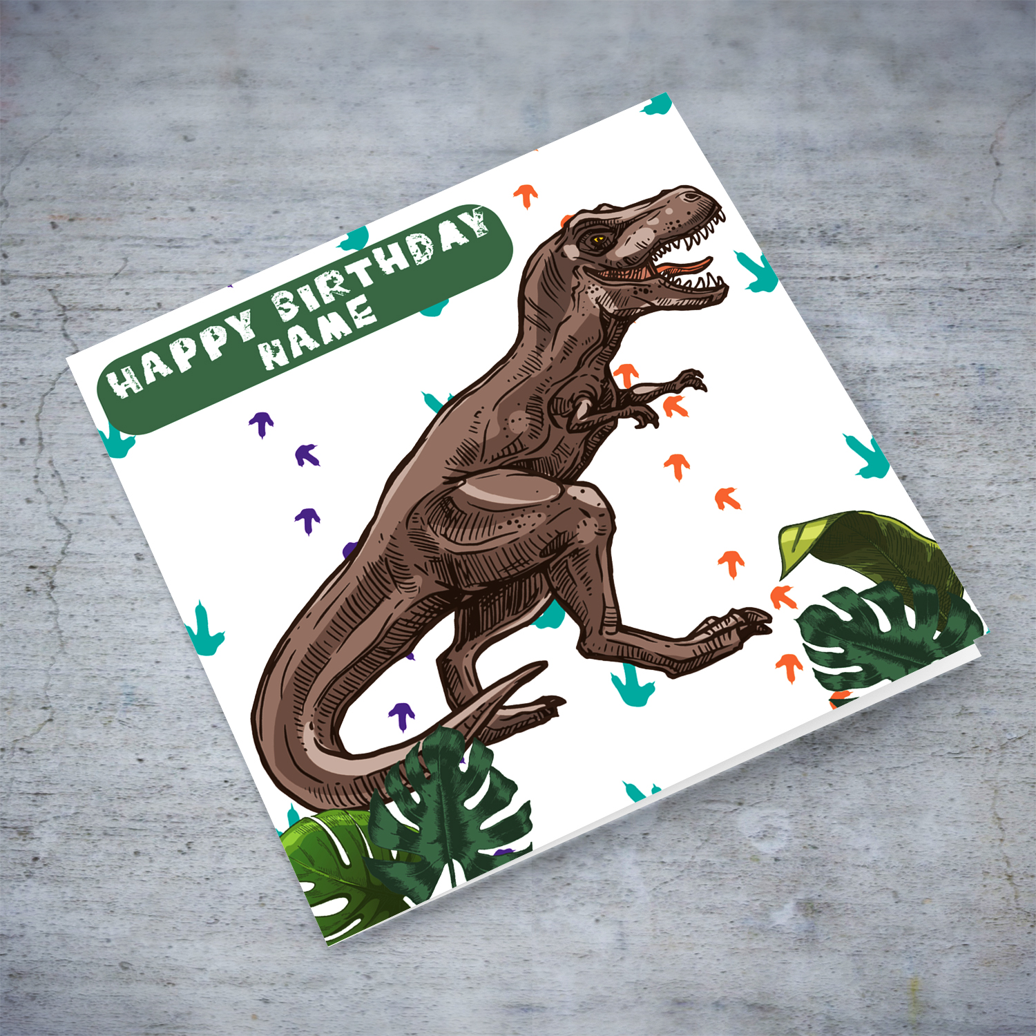 T-Rex themed birthday card with dino footprints in the background in English (Personalisable)