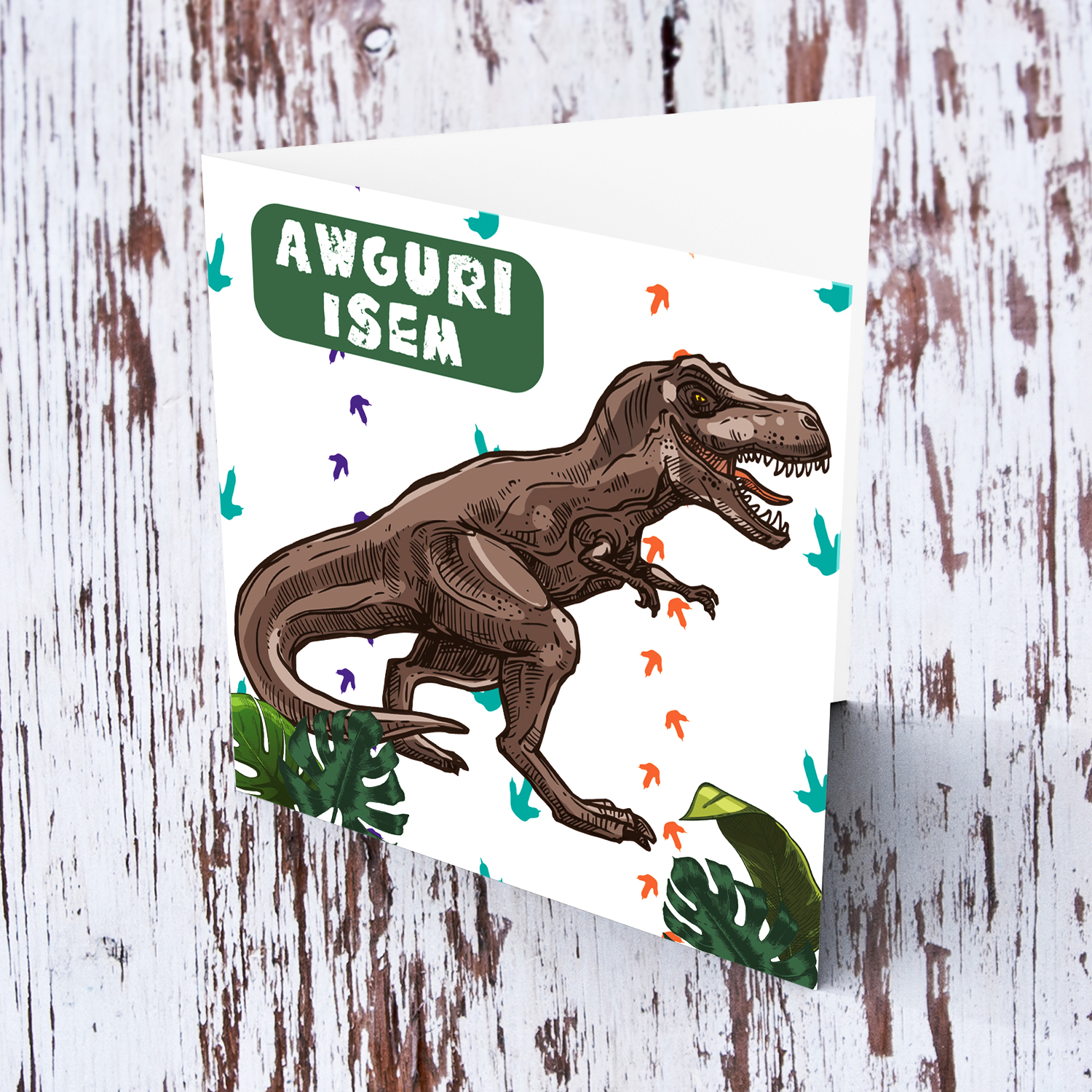 T-Rex themed birthday card with dino footprints in the background in Maltese (Personalisable)