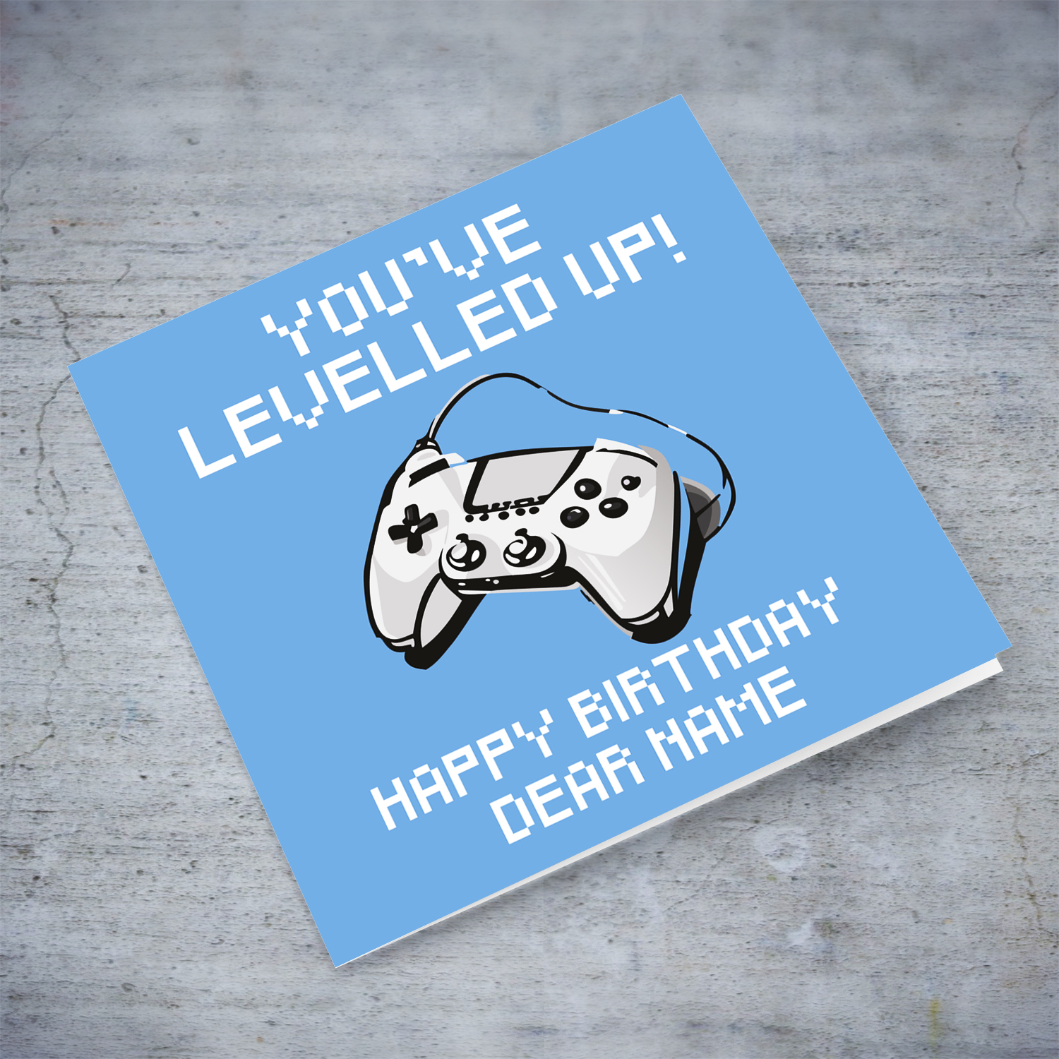 Game console in pixellated text, blue background birthday card in English (Personalisable)