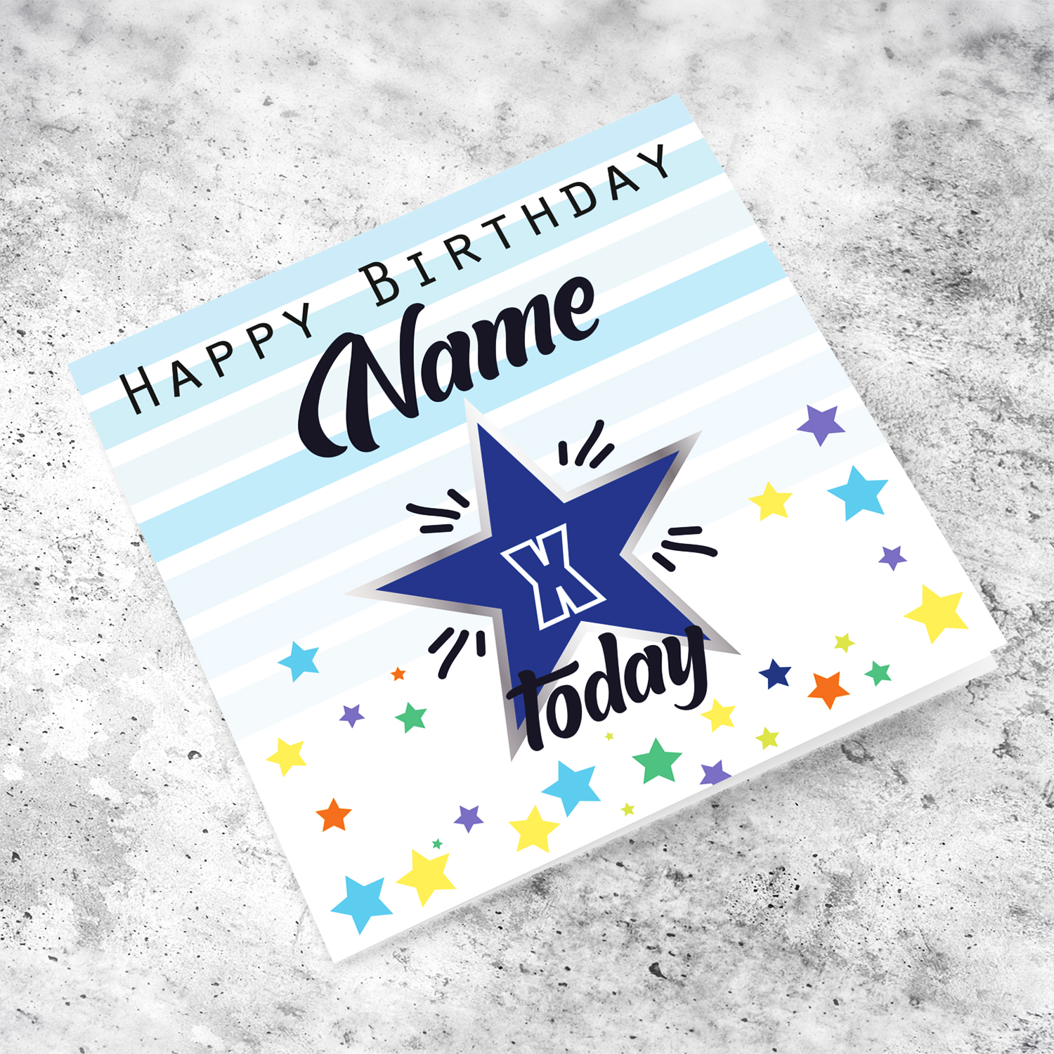 Blue themed birthday card with scattered stars in English (Personalisable)