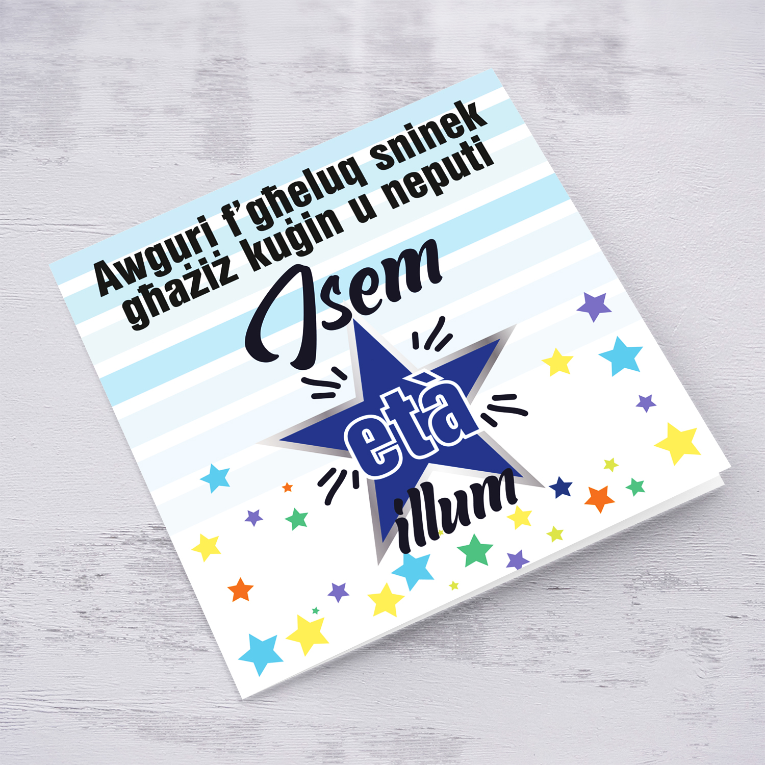 Blue themed birthday card for cousin & nephew with scattered stars in Maltese (Personalisable)