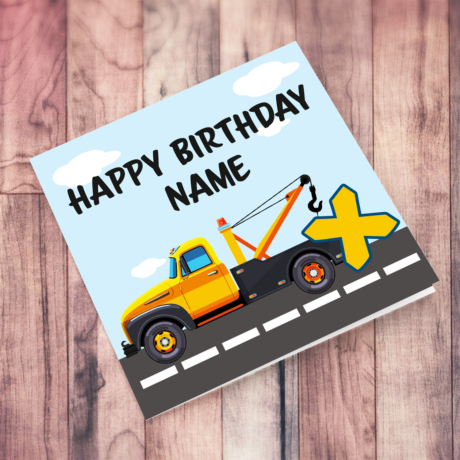Tow truck themed birthday card for boys in English (Personalisable name & Age)