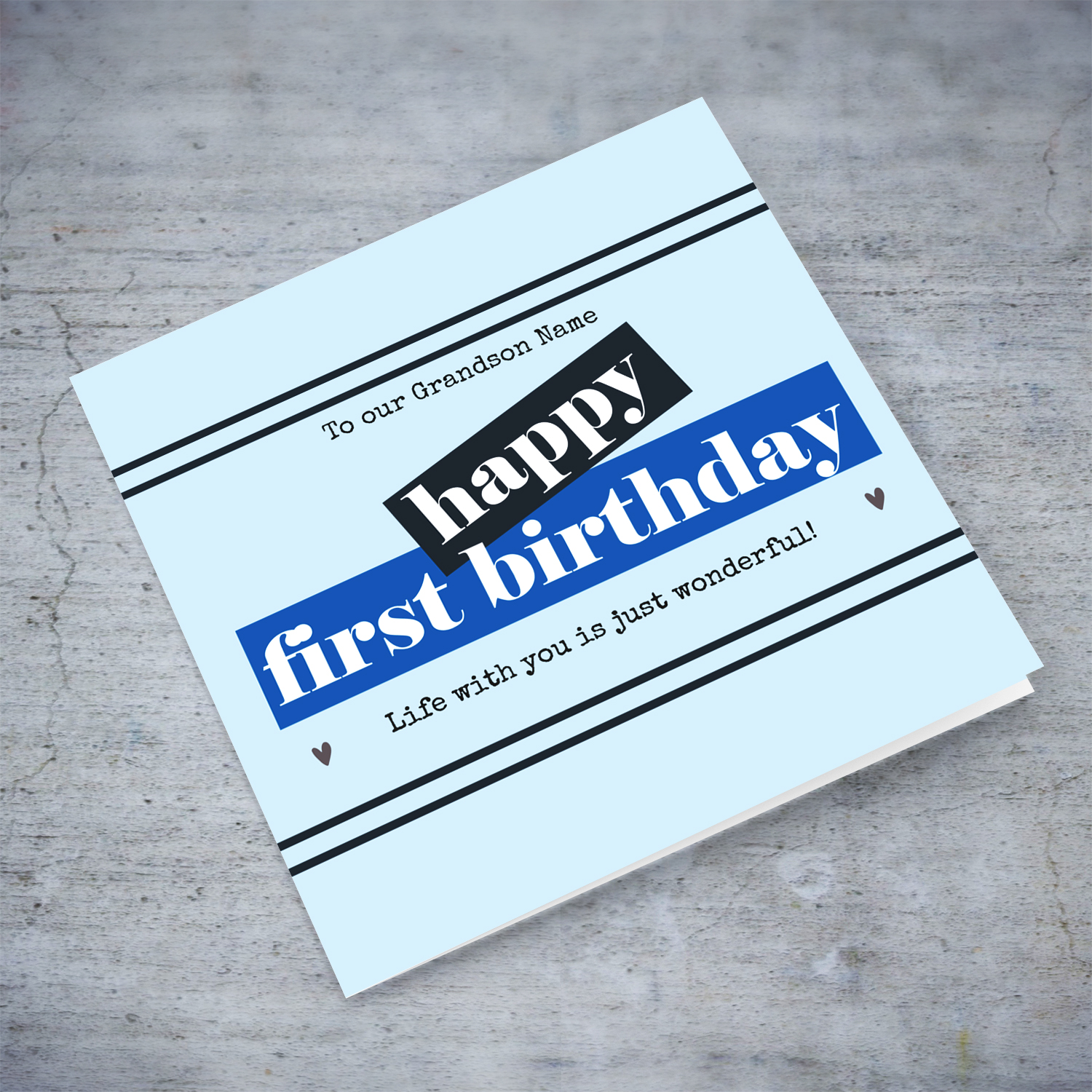 First birthday card for Grandson with various shades of blue in English (Personalisable)