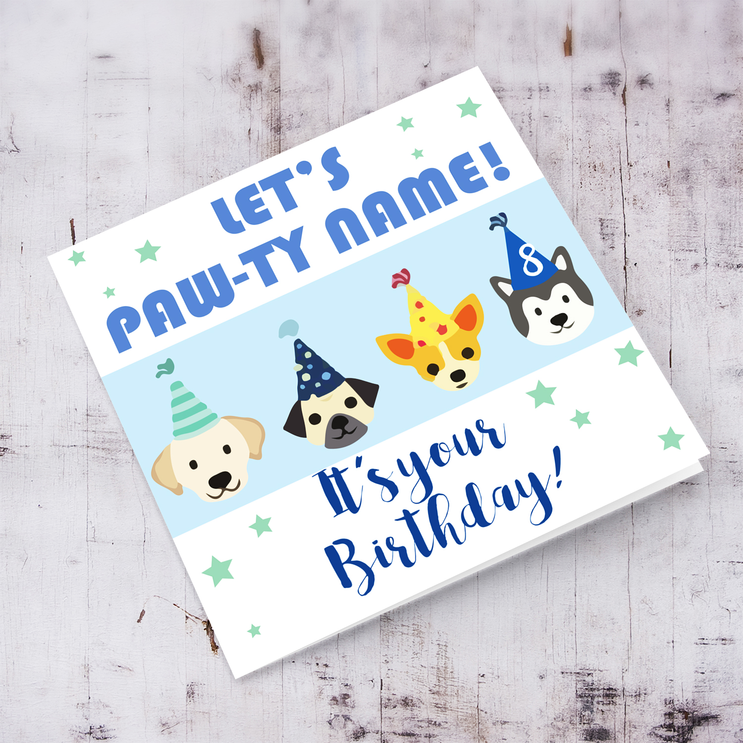 Dog themed birthday card with blue text in English (Personalisable)