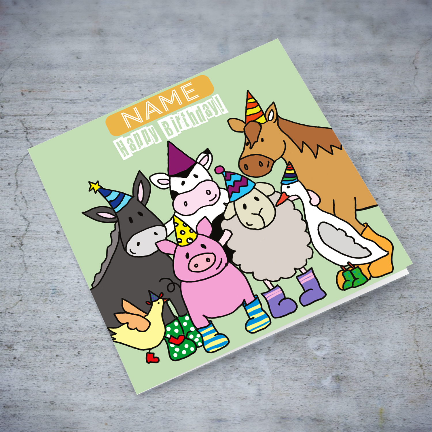 Farm animal themed birthday card in pastel green backgound in English (Personalisable & Neutral)