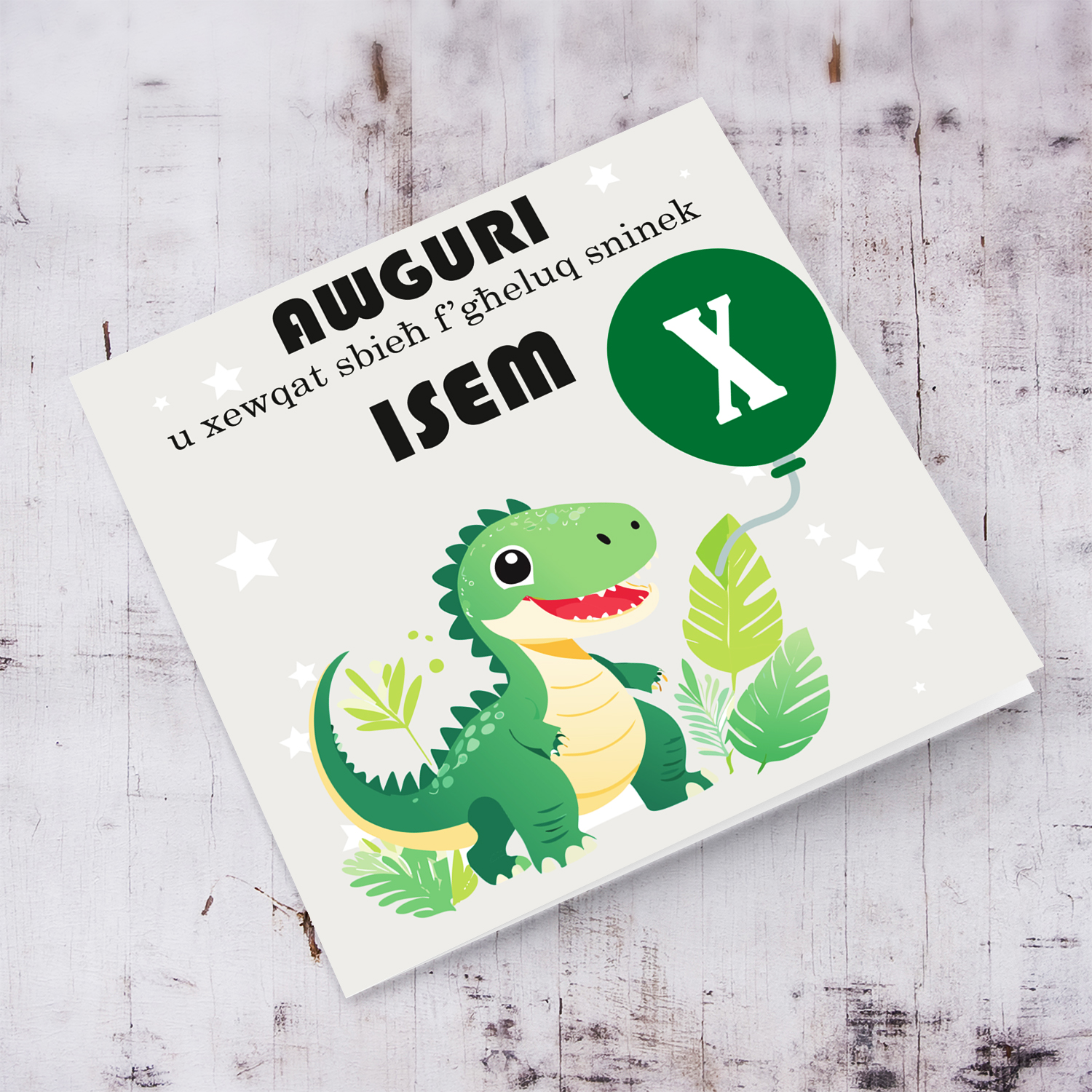 Cute dino card themed birthday card for boy in Maltese (Personalisable)
